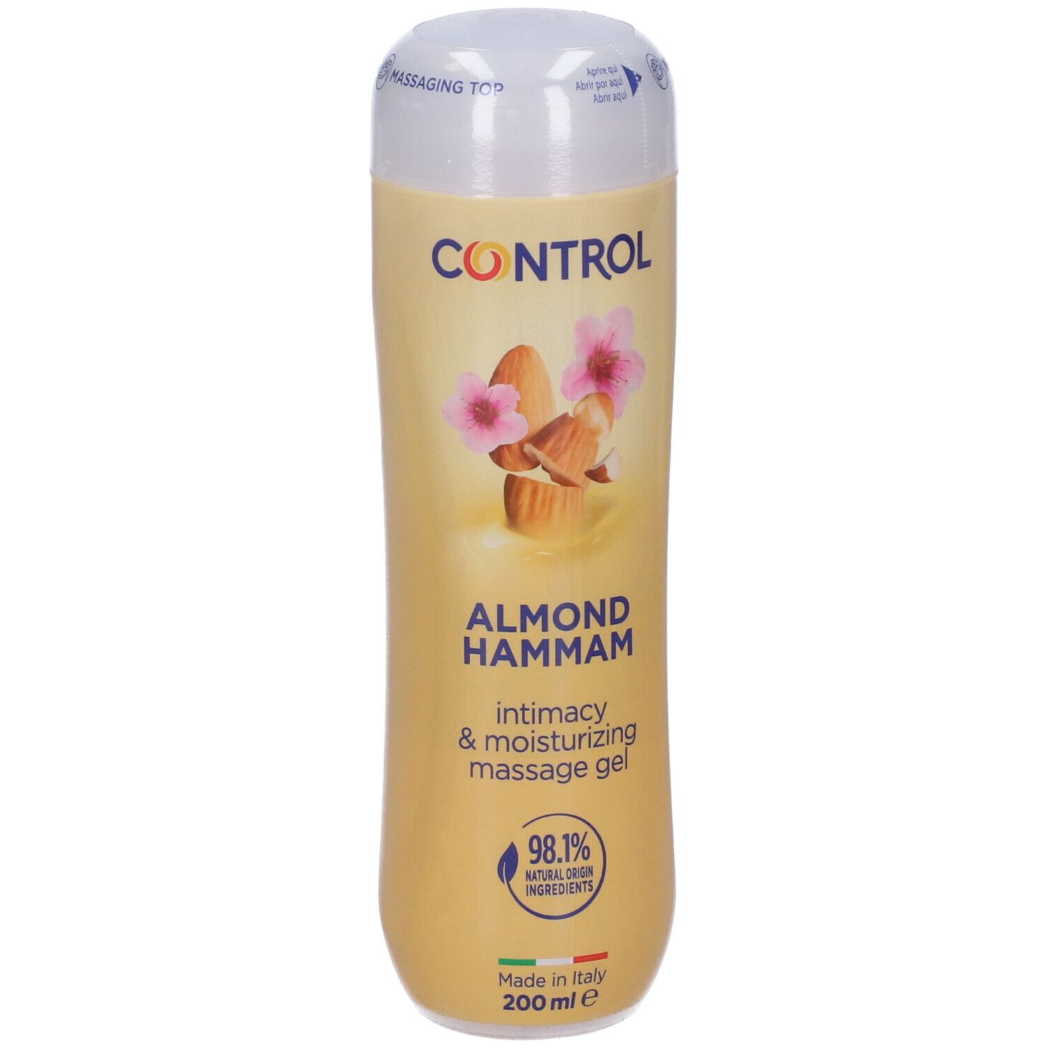 Flacone di gel. Logo "CONTROL", illustrazione mandorle, "ALMOND HAMMAM", "intimacy & moisturizing massage gel". 200 ml.