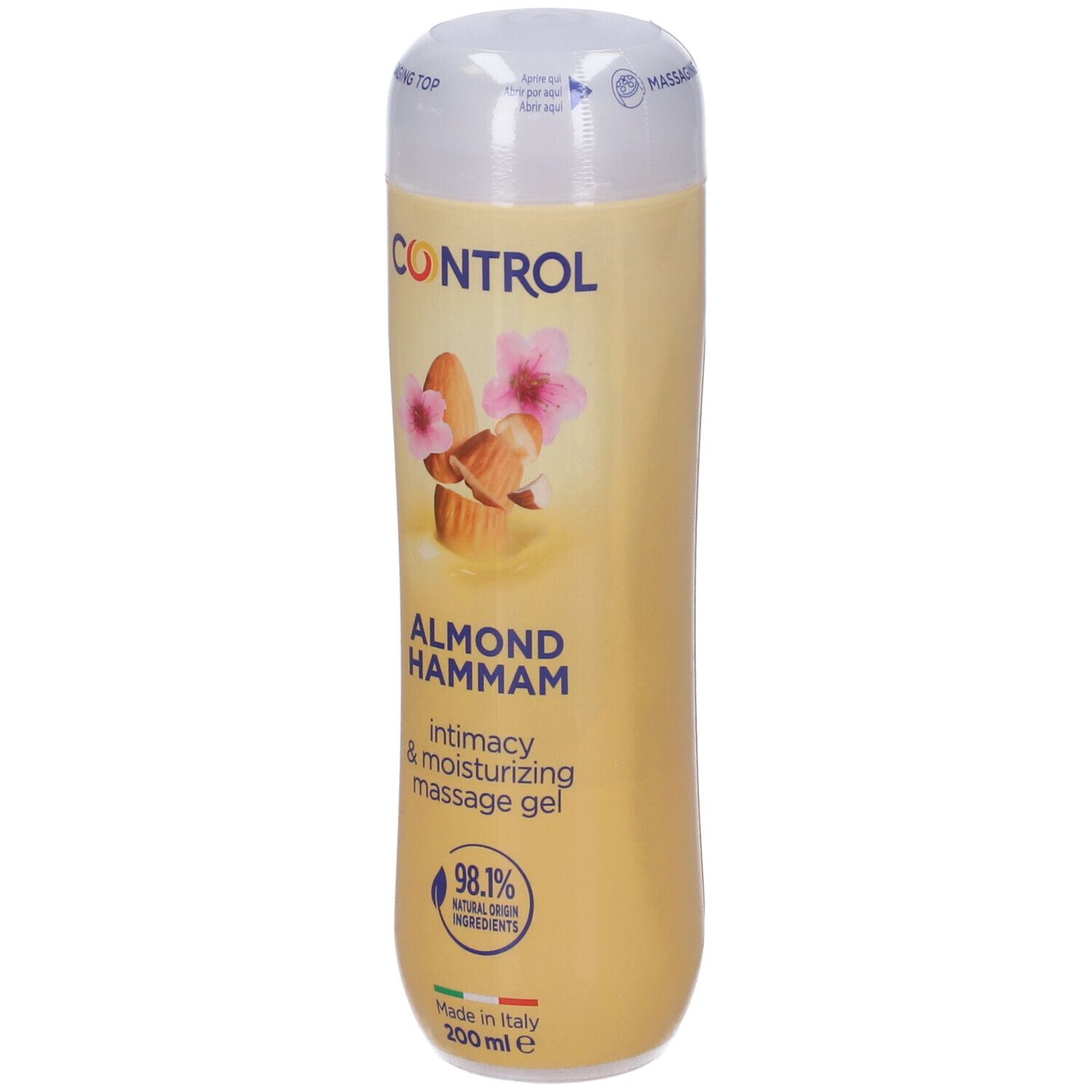 Flacone di gel. Logo "CONTROL", illustrazione mandorle, "ALMOND HAMMAM", "intimacy & moisturizing massage gel". 200 ml.