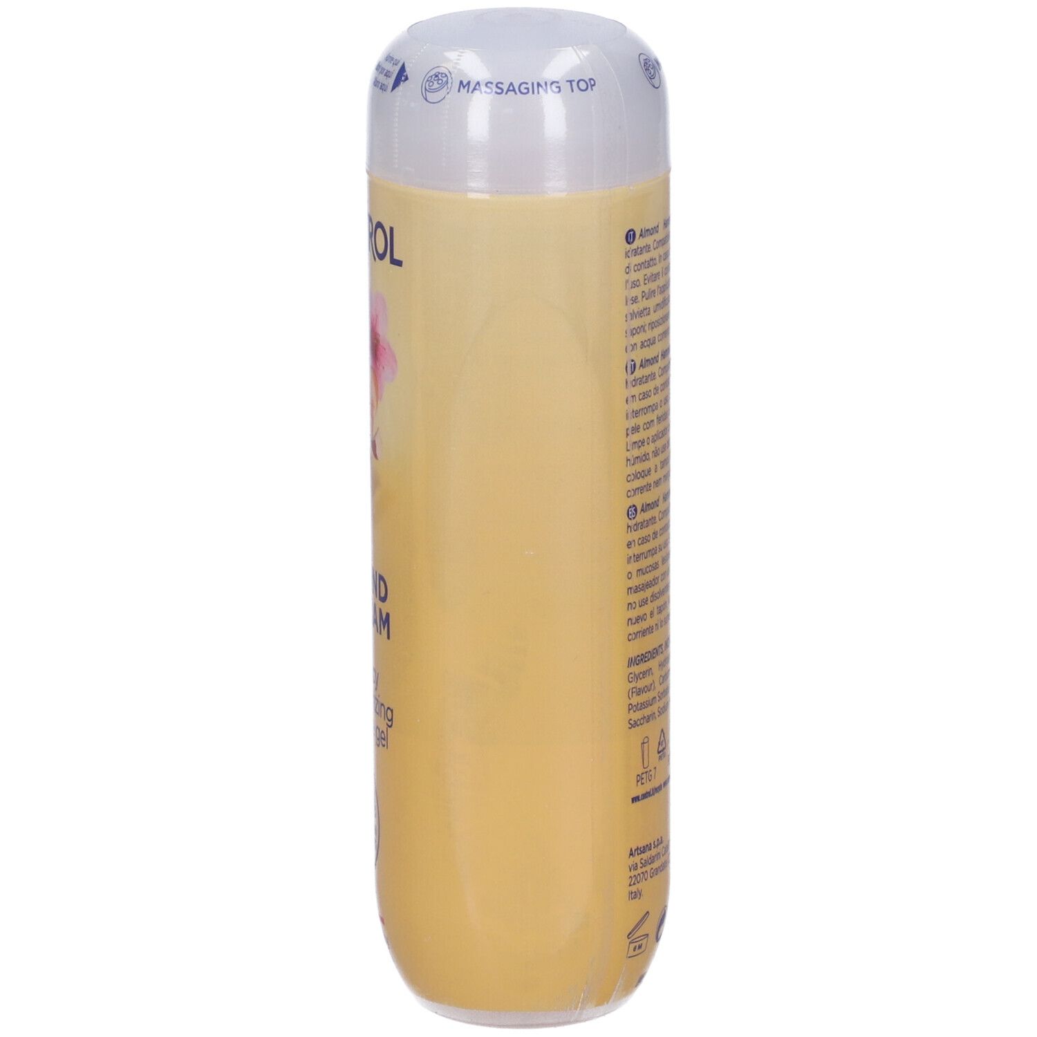 Flacone di gel giallo. Retro con testo, ingredienti, indirizzo produttore. "ALMOND HAMMAM" e "massage gel".