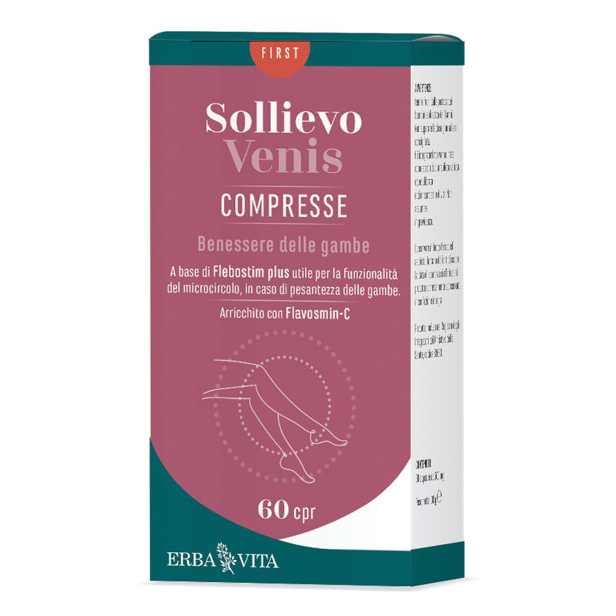 Confezione di Sollievo Venis 60 Compresse. Scatola rossa e verde con nome e logo del prodotto. 60 compresse.