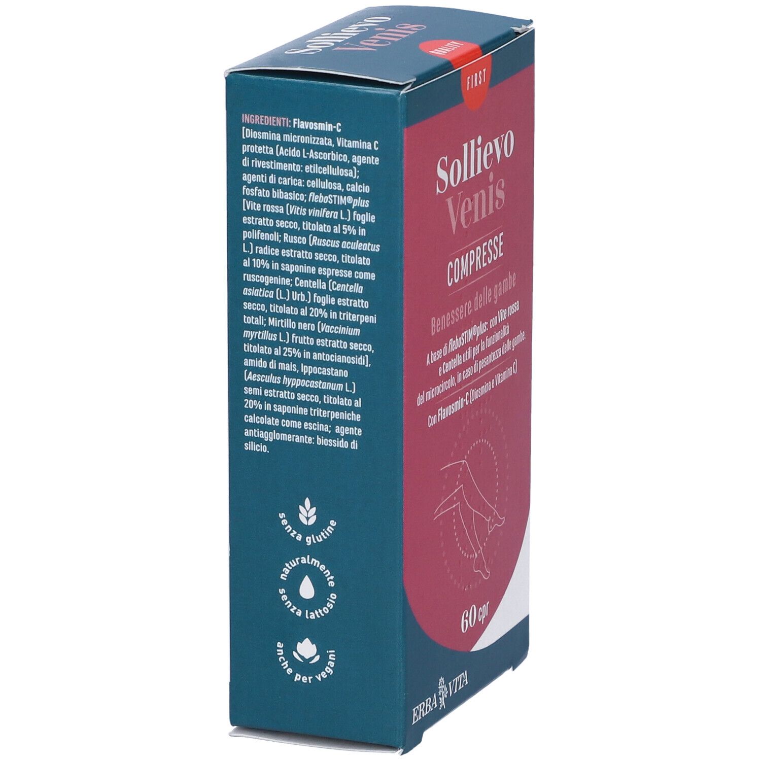 Scatola Sollievo Venis 60 Compresse. Scatola blu con informazioni sul prodotto e logo. Senza glutine, lattosio, vegano.