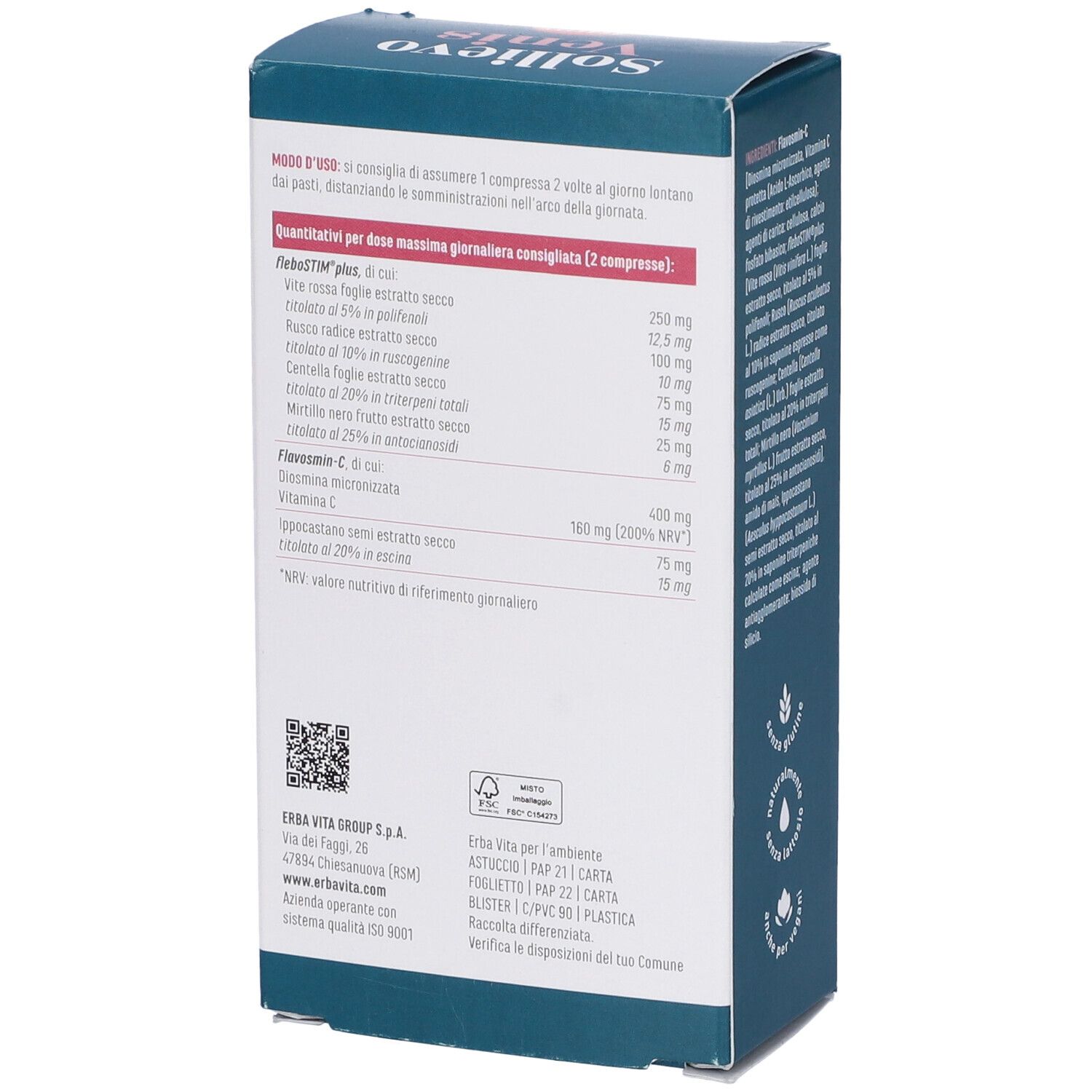 Scatola Sollievo Venis 60 Compresse. Retro con raccomandazioni di dosaggio e informazioni nutrizionali. Scatola blu.