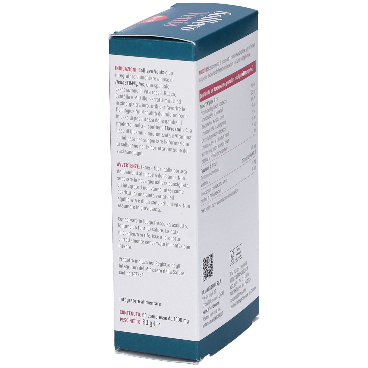 Scatola Sollievo Venis 60 Compresse. Lato con istruzioni per l'uso e ingredienti. Scatola blu.
