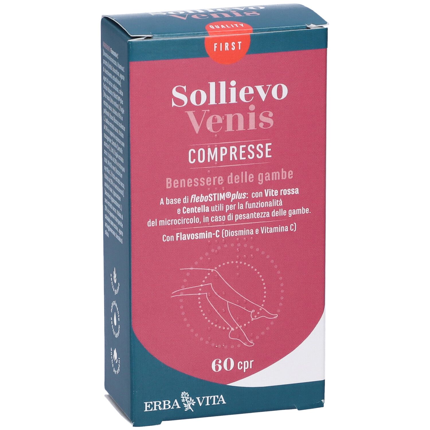 Scatola Sollievo Venis 60 Compresse. Scatola rossa e blu con nome e logo del prodotto. 60 compresse.