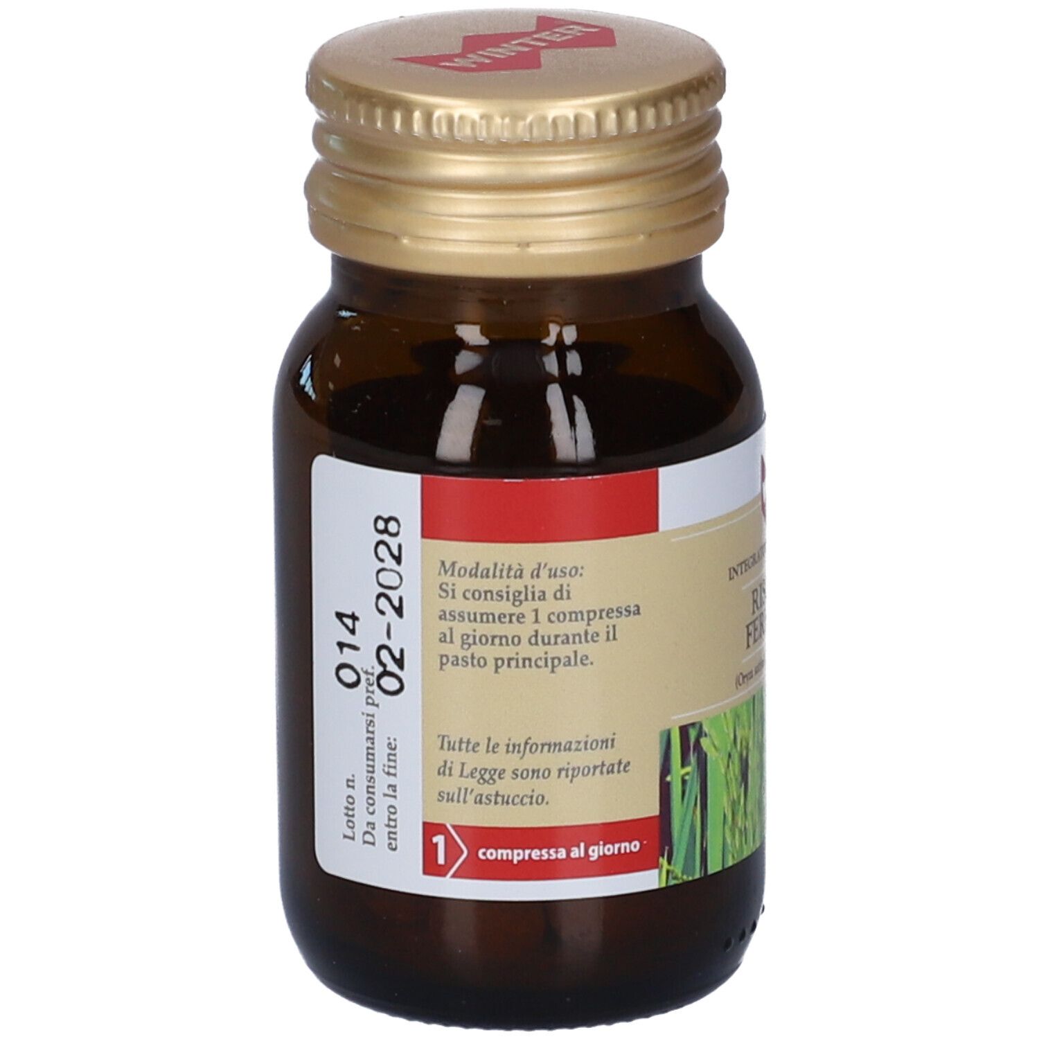 Braune Glasflasche mit goldfarbenem Deckel. Etikett mit Produktinformationen und Verfallsdatum. 1 Tablette pro Tag.