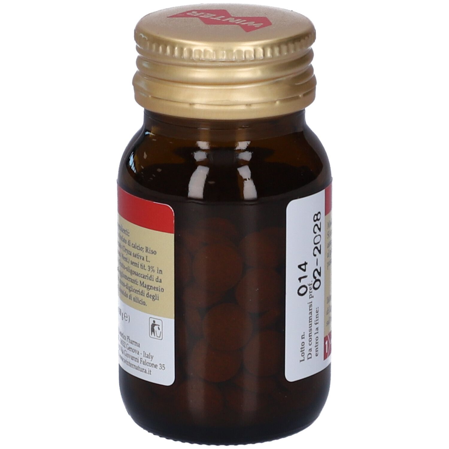 Braune Glasflasche mit goldfarbenem Deckel. Tabletten sichtbar. Etikett mit Produktinformationen und Verfallsdatum.