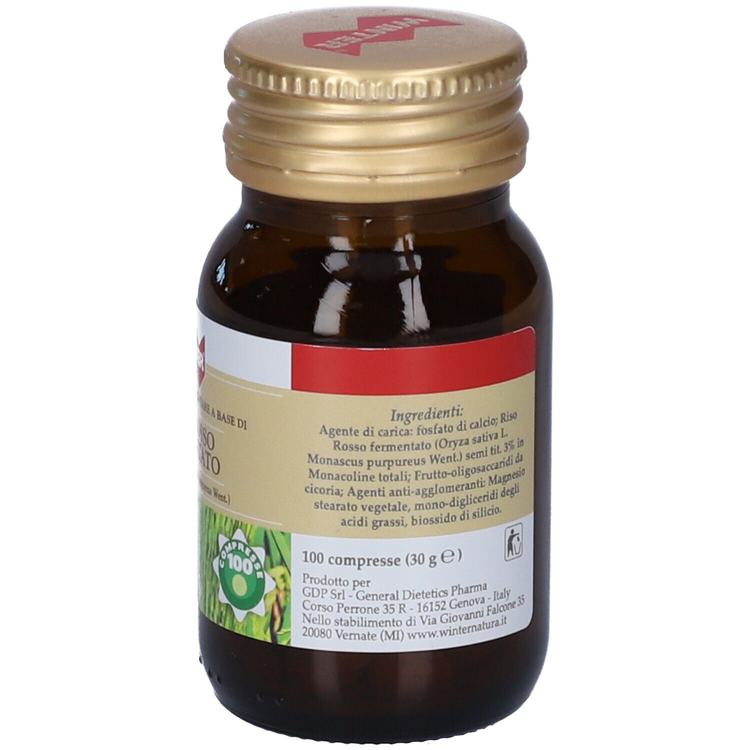 Braune Glasflasche mit goldfarbenem Deckel. Etikett mit Inhaltsstoffen und Produktinformationen. 100 Tabletten.