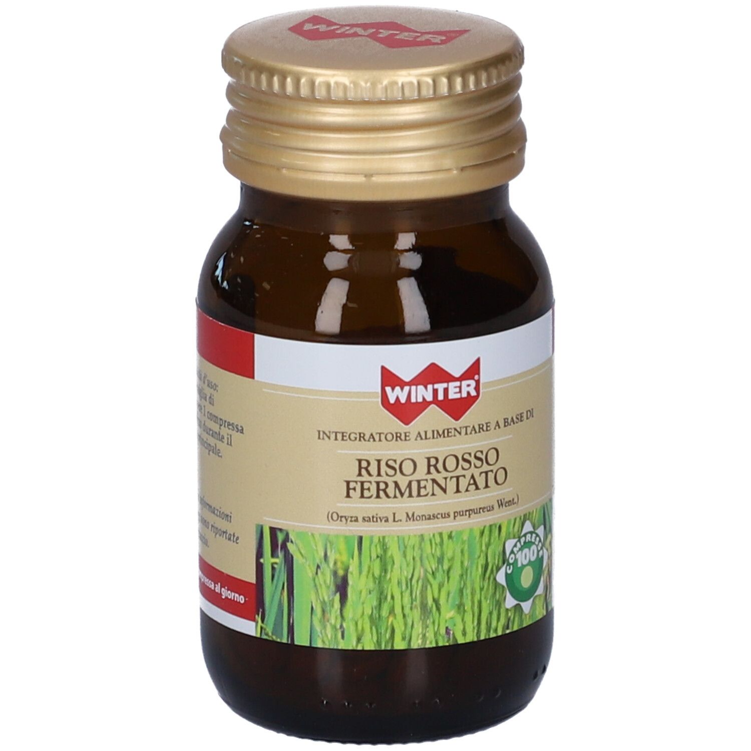 Braune Glasflasche mit goldfarbenem Deckel. Etikett mit Produktnamen und Logo. Grün-weißes Siegel. 100 Tabletten.