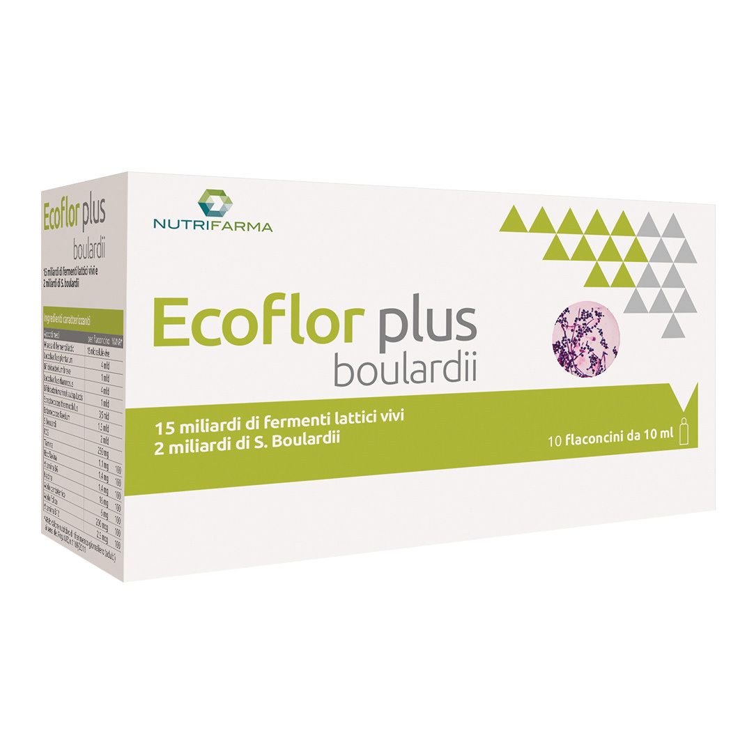 Scatola di Ecoflor Plus Boulardii Flaconcini. Cartone bianco con elementi verdi e grigi. Testo: 10 flaconcini.