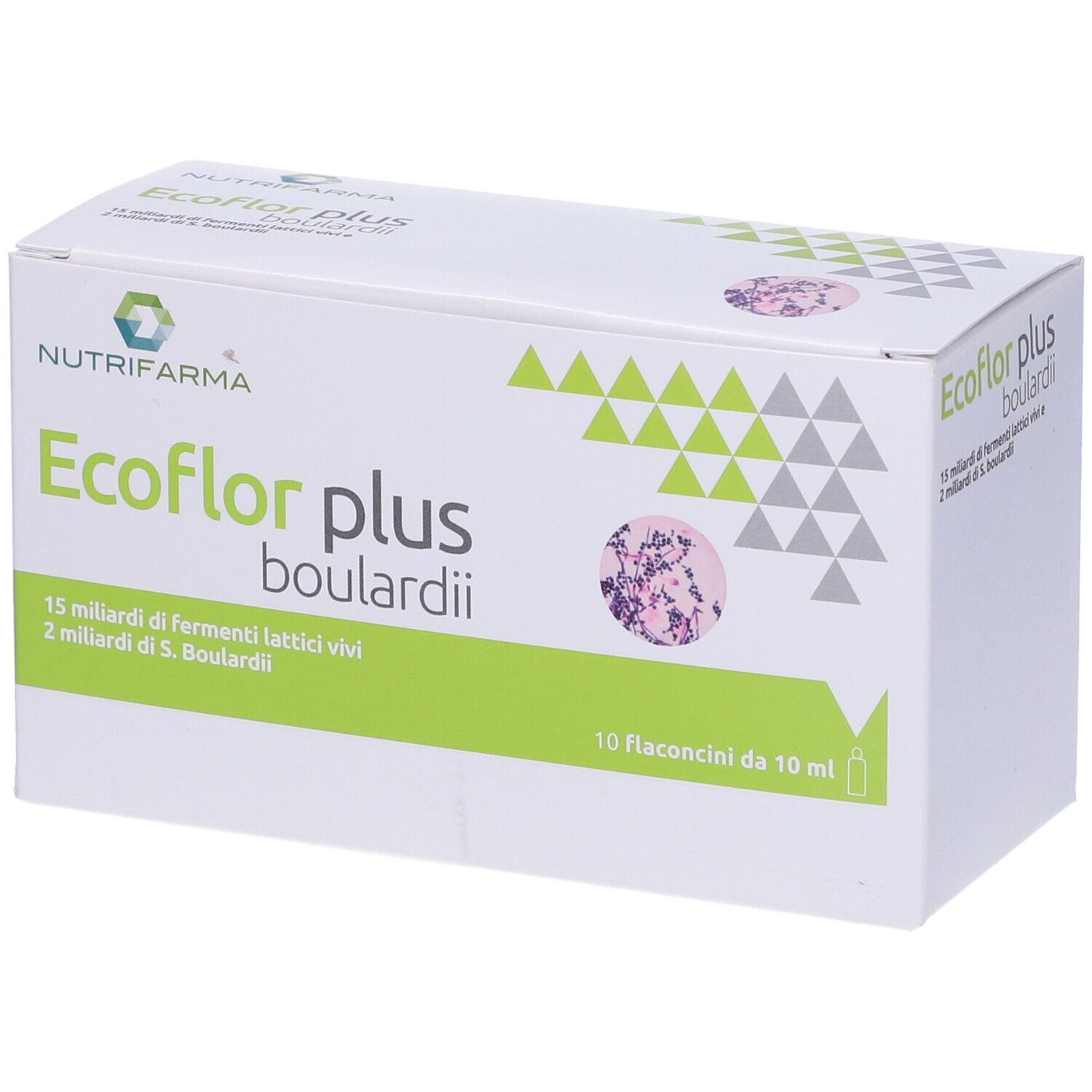 Scatola di Ecoflor Plus Boulardii Flaconcini. Cartone bianco con elementi verdi e grigi. Testo: 10 flaconcini.