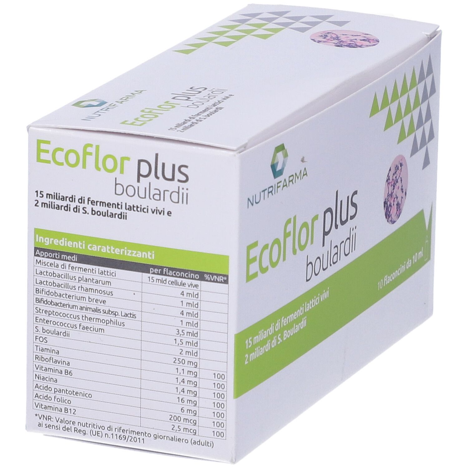 Scatola di Ecoflor Plus Boulardii Flaconcini. Cartone bianco con informazioni. Testo: 10 flaconcini.