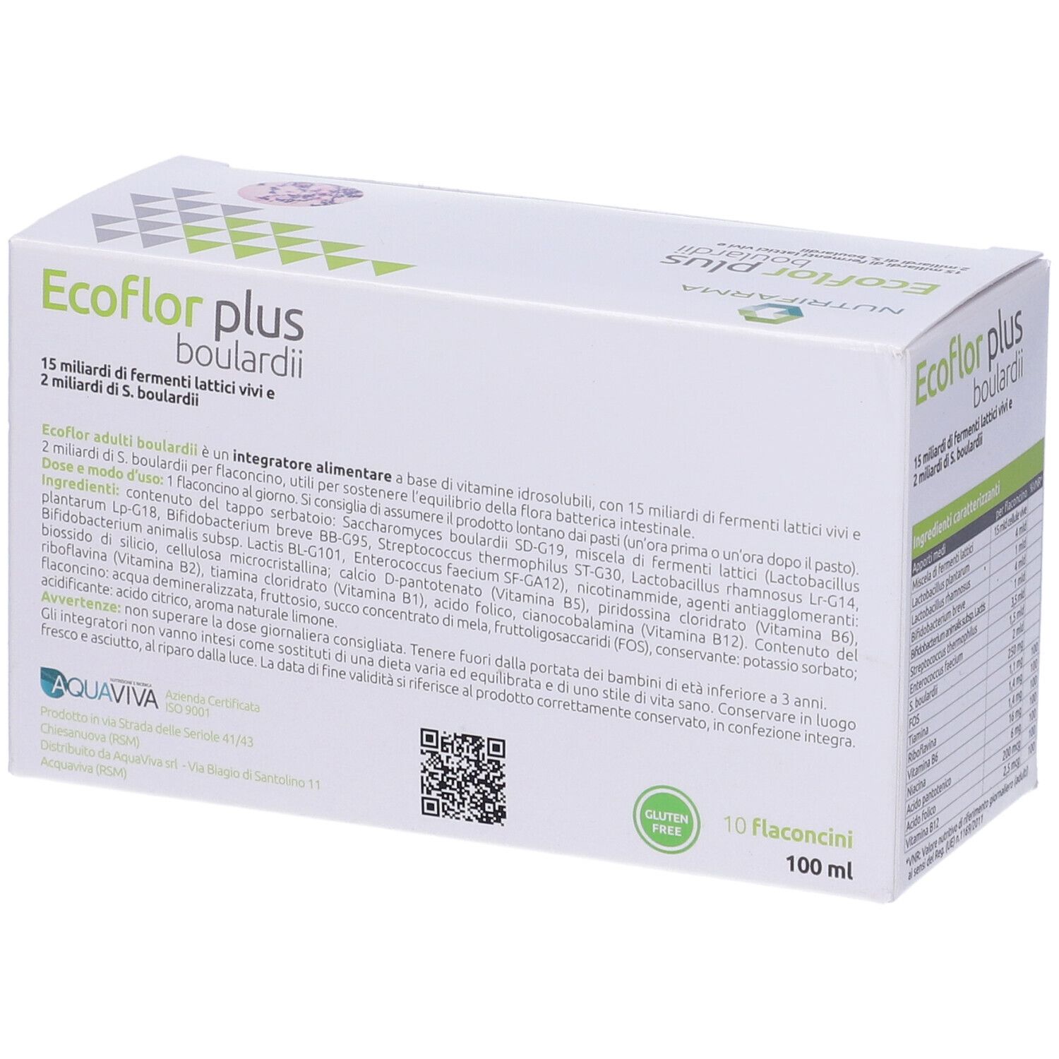 Scatola di Ecoflor Plus Boulardii Flaconcini. Cartone bianco con informazioni e QR code. Testo: 10 flaconcini.
