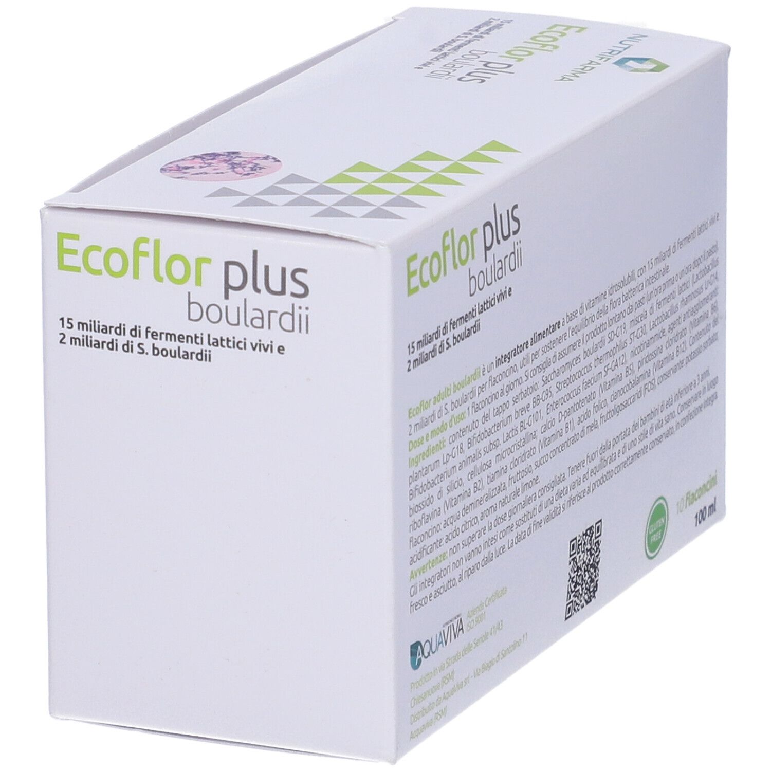 Scatola di Ecoflor Plus Boulardii Flaconcini. Cartone bianco con informazioni. Testo: 10 flaconcini.