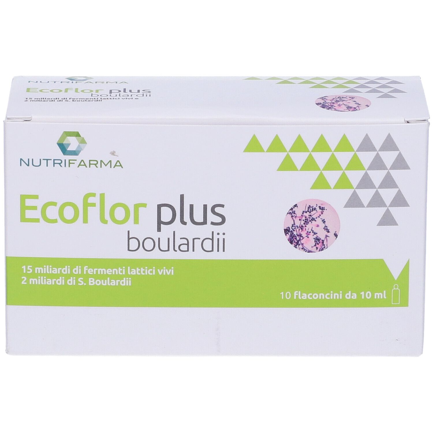 Scatola di Ecoflor Plus Boulardii Flaconcini. Cartone bianco con elementi verdi e grigi. Testo: 10 flaconcini.