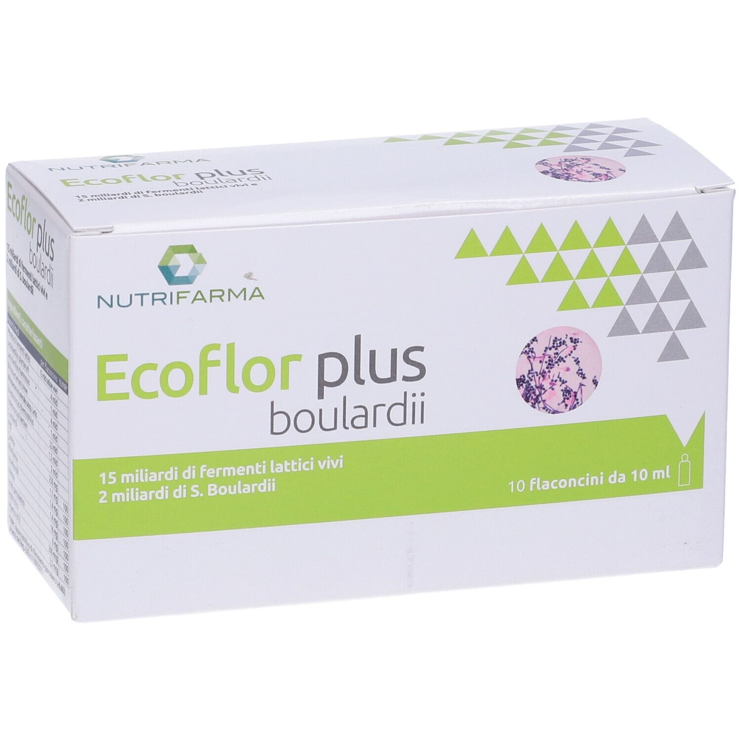 Scatola di Ecoflor Plus Boulardii Flaconcini. Cartone bianco con elementi verdi e grigi. Testo: 10 flaconcini.