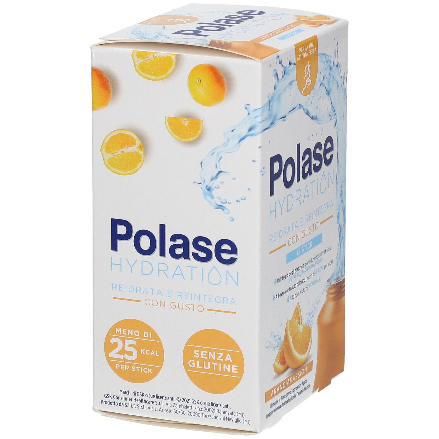 Polase Hydration-Verpackung. Aufschrift: Rehydriert und reintegriert mit Geschmack. Weniger als 25 kcal pro Stick. Glutenfrei.