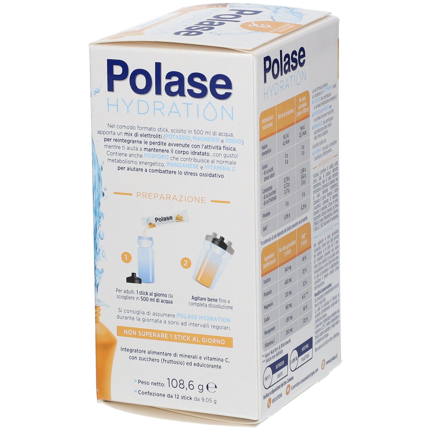 Rückseite der Polase Hydration-Verpackung. Anweisungen zur Zubereitung. Nährwerttabelle. Gewicht: 108,6 g.
