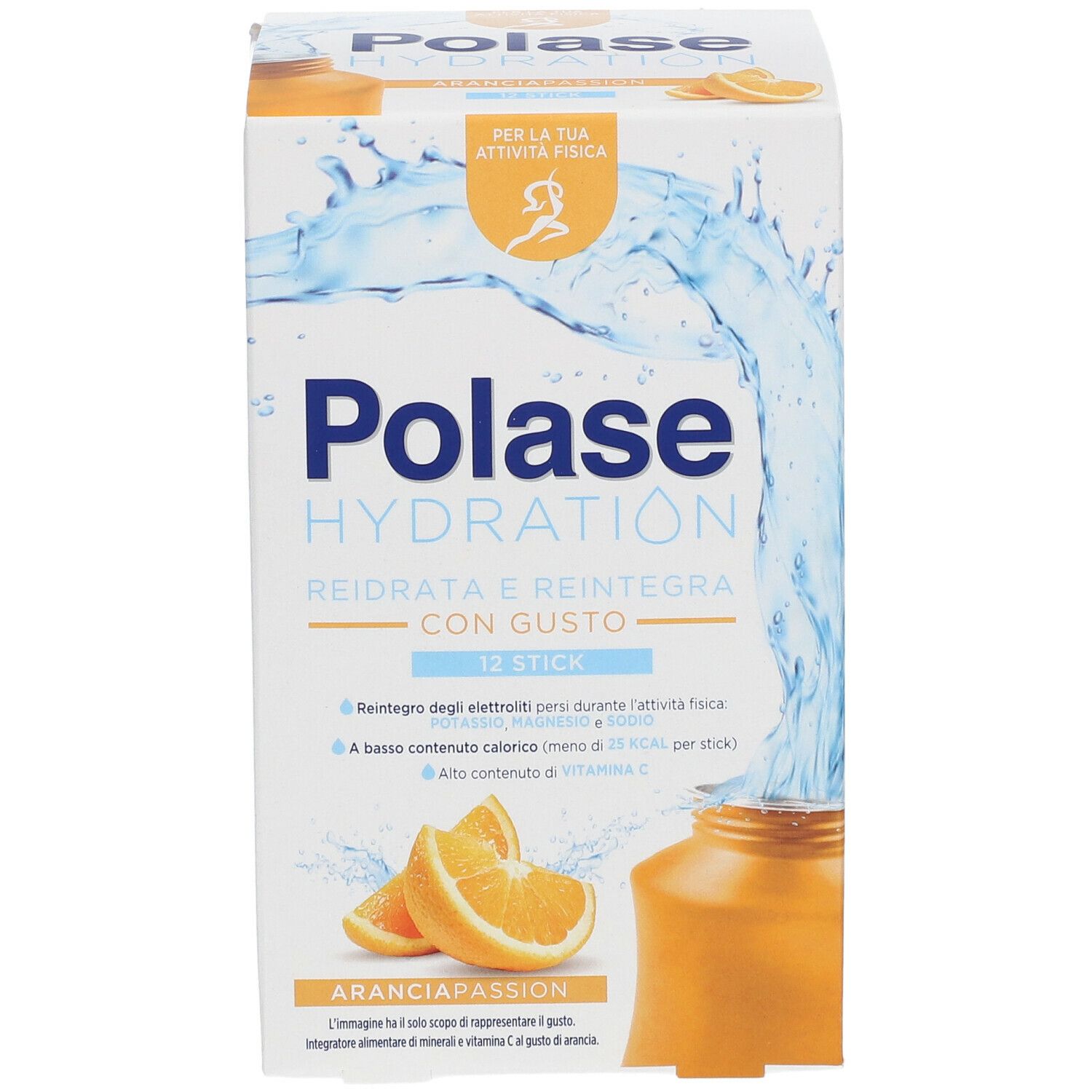 Polase Hydration-Verpackung. Aufschrift: Rehydriert und reintegriert mit Geschmack. 12 Sticks. Abbildung von Orangen.