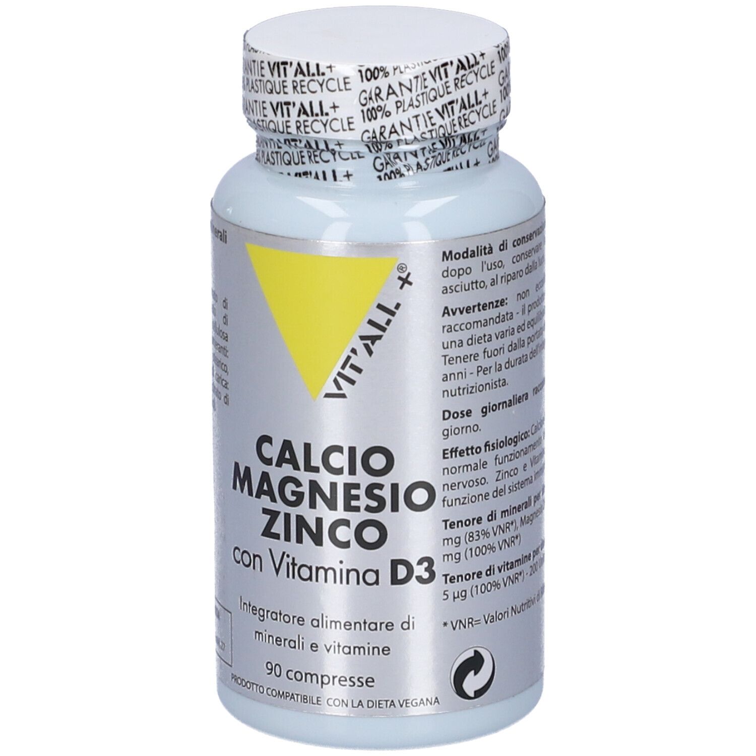 Flacone bianco con compresse. Scritta: Calcio Magnesio Zinco con Vitamina D3. 90 compresse. Triangolo giallo.