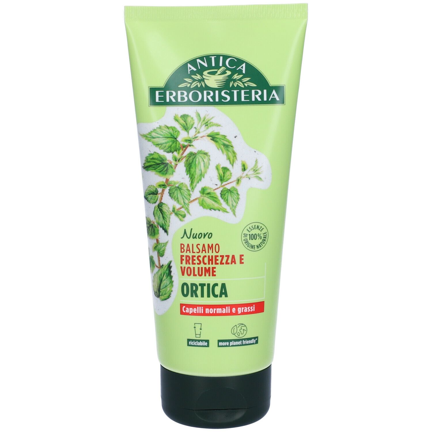 Tubo verde con logo e nome del prodotto. Illustrazione di foglie. Testo: Balsamo Ortica, Capelli normali e grassi.