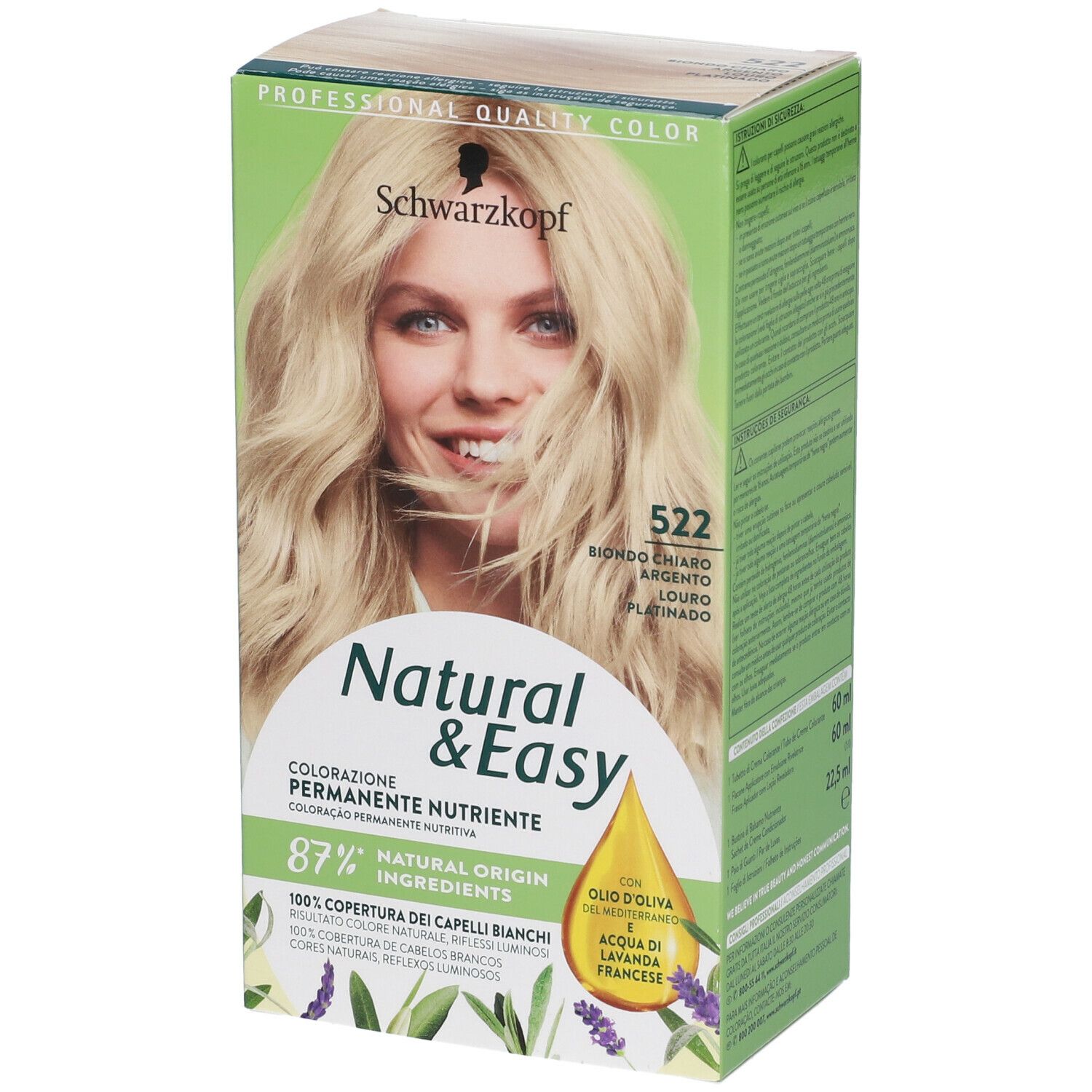 Schwarzkopf Natural & Easy Tinta 522. Biondo chiaro argento. Confezione con donna bionda. Informazioni prodotto.