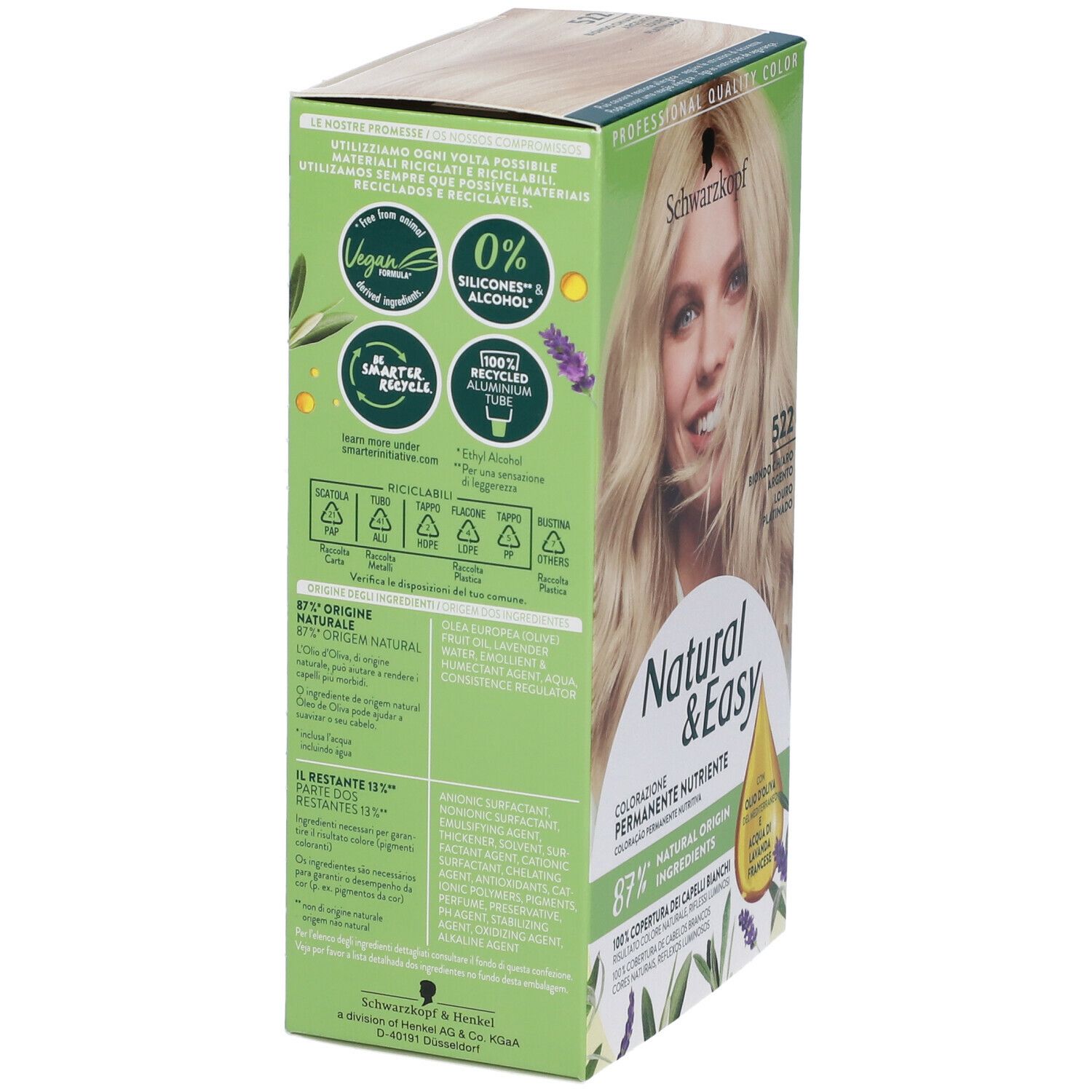 Schwarzkopf Natural & Easy Tinta 522. Confezione, vista laterale. Vegano, 0% siliconi & alcool, 100% riciclato.