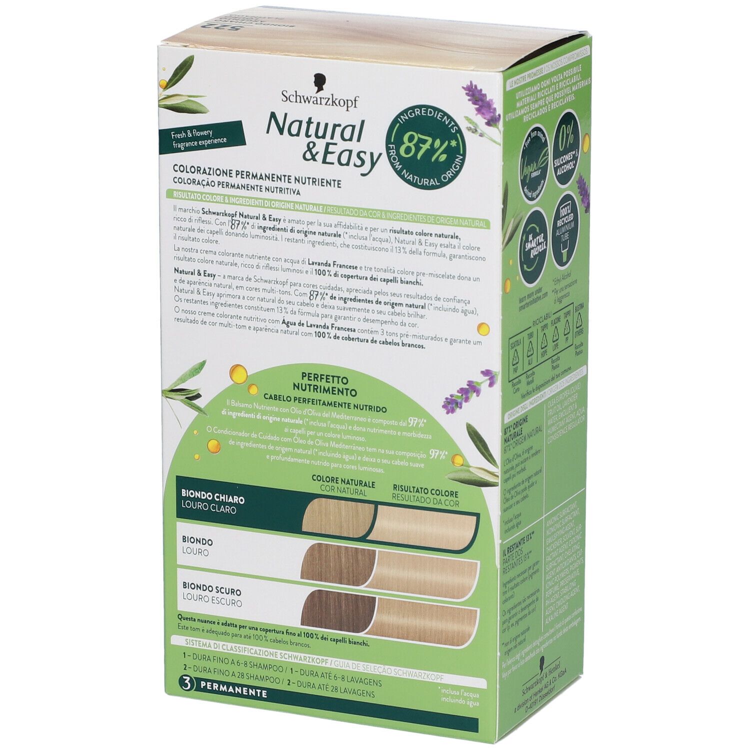 Schwarzkopf Natural & Easy Tinta 522. Retro confezione. Confronto colori, tonalità bionde. 87% naturale.