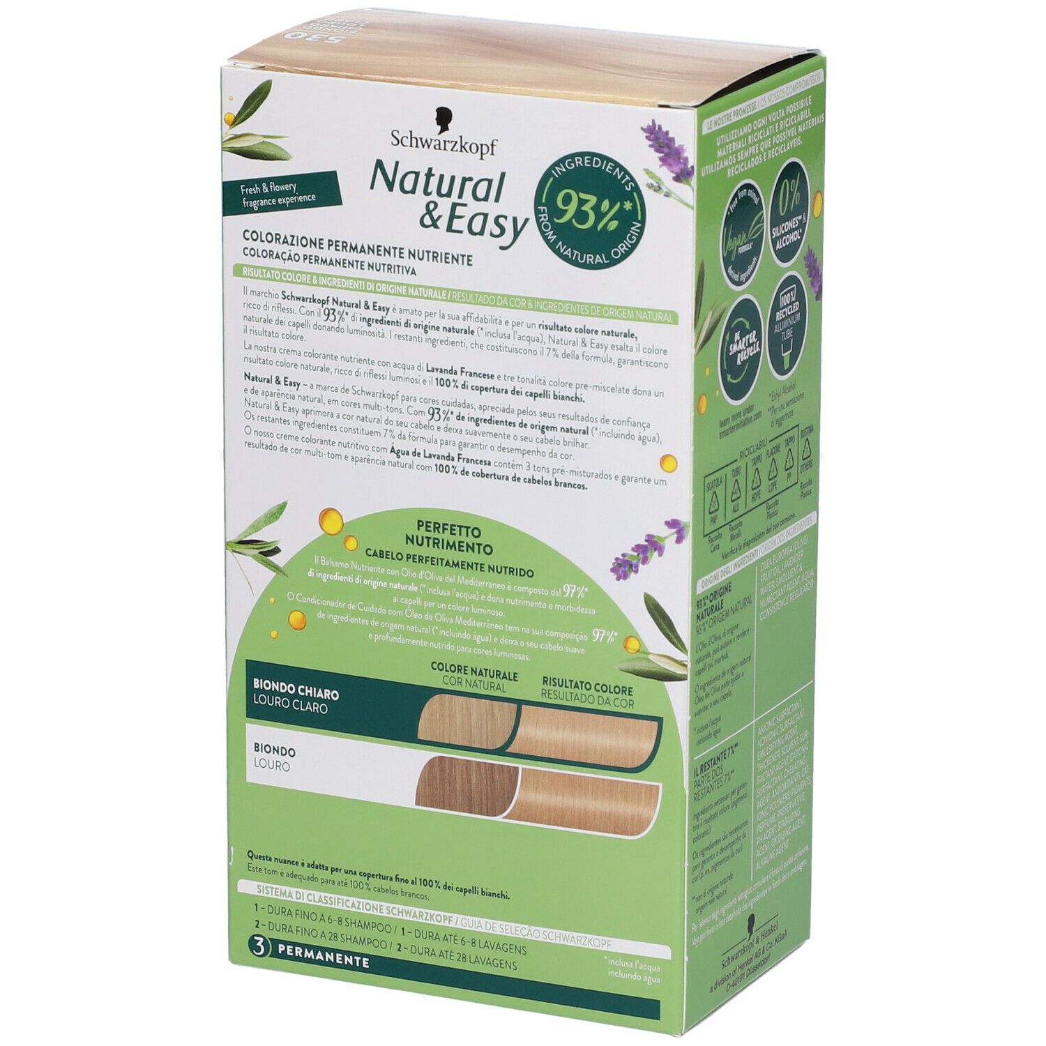 Schwarzkopf Natural & Easy Tinta 530 Biondo Chiaro. Confezione, retro. Testo ed esempi di colore. Loghi.