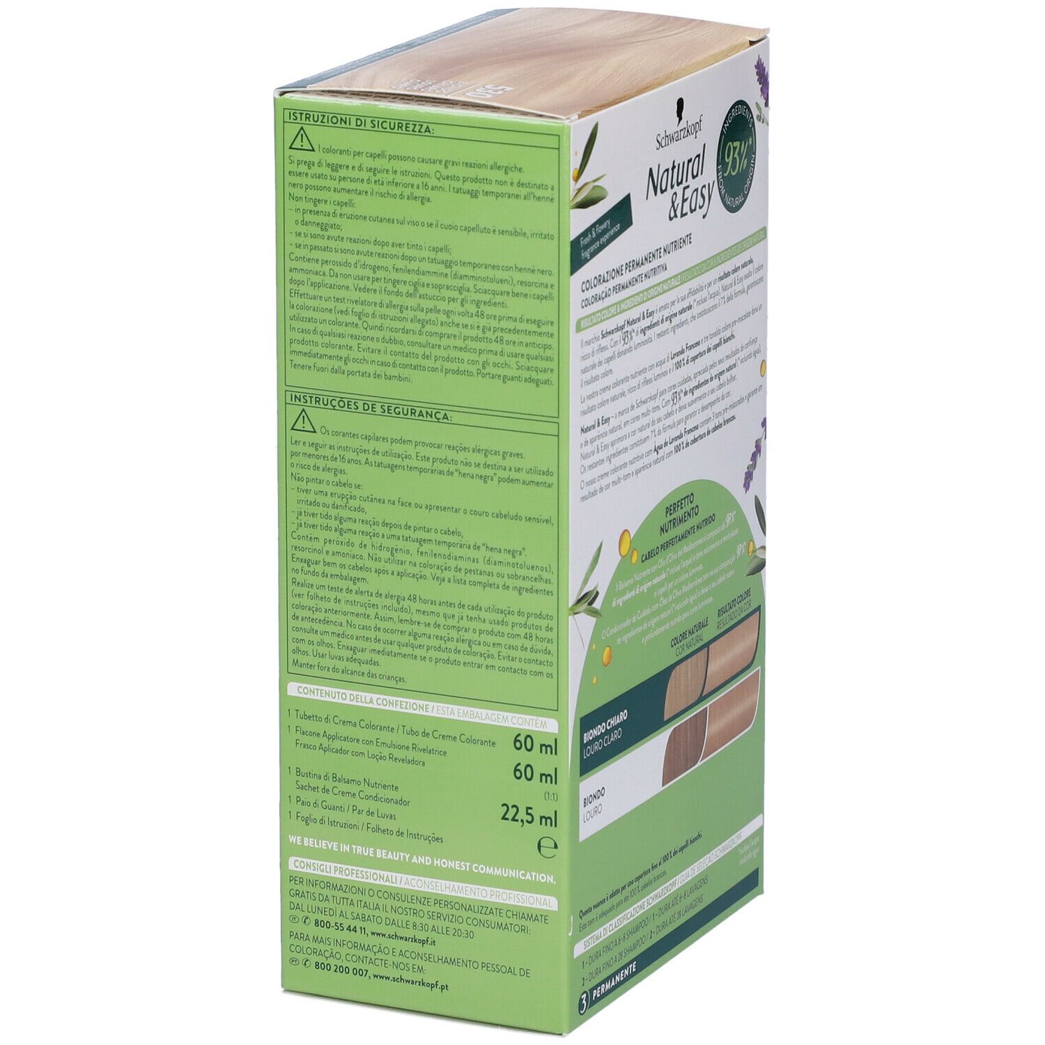 Schwarzkopf Natural & Easy Tinta 530 Biondo Chiaro. Confezione, lato. Testo e informazioni sul contenuto. Loghi.