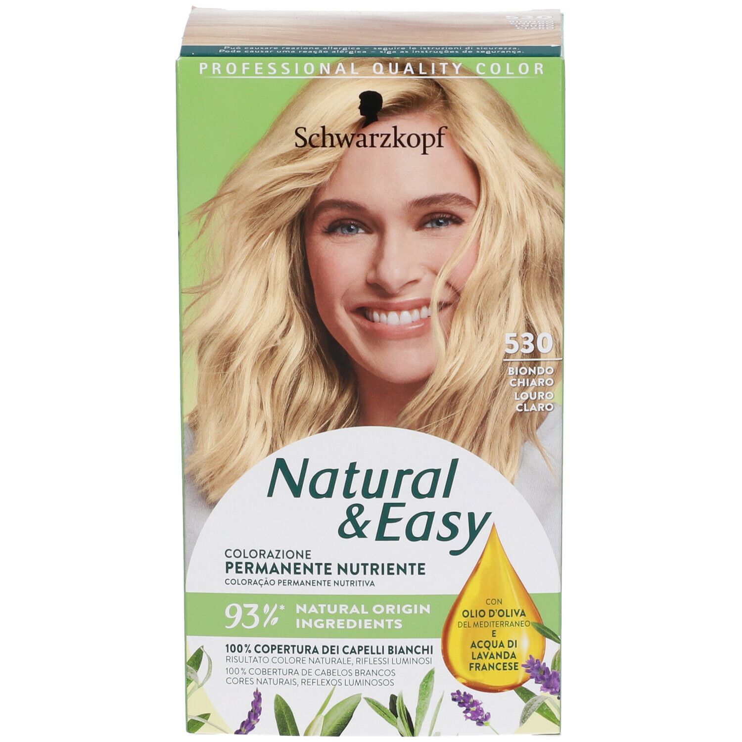 Schwarzkopf Natural & Easy Tinta 530 Biondo Chiaro. Confezione con donna bionda. Testo: 93% ingredienti naturali.