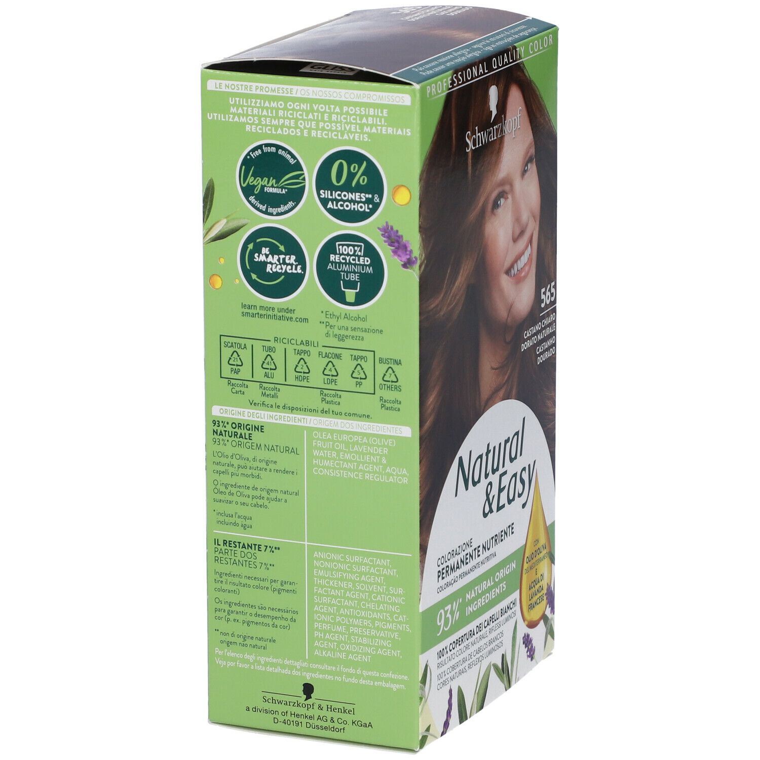 Lato scatola Schwarzkopf Natural & Easy. Testo: Vegan, 0% siliconi & alcool, 93% ingredienti naturali, 100% riciclato.