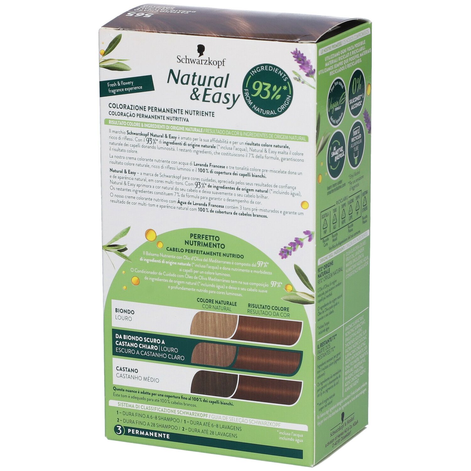 Retro scatola Schwarzkopf Natural & Easy. Testo: 93% ingredienti naturali, tabella colori, ingredienti, istruzioni per l'uso.