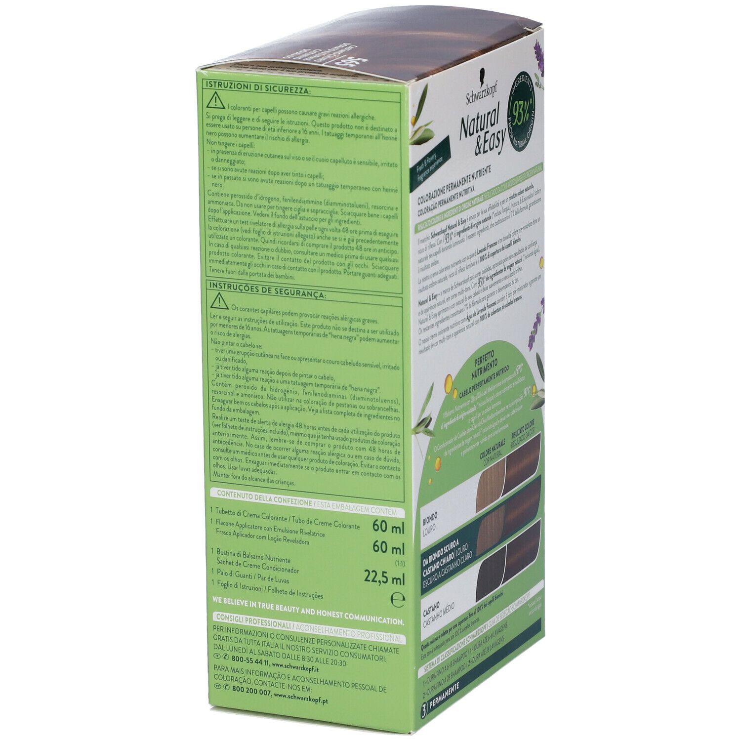 Lato scatola Schwarzkopf Natural & Easy. Testo: 93% ingredienti naturali, tabella colori, ingredienti, istruzioni per l'uso.