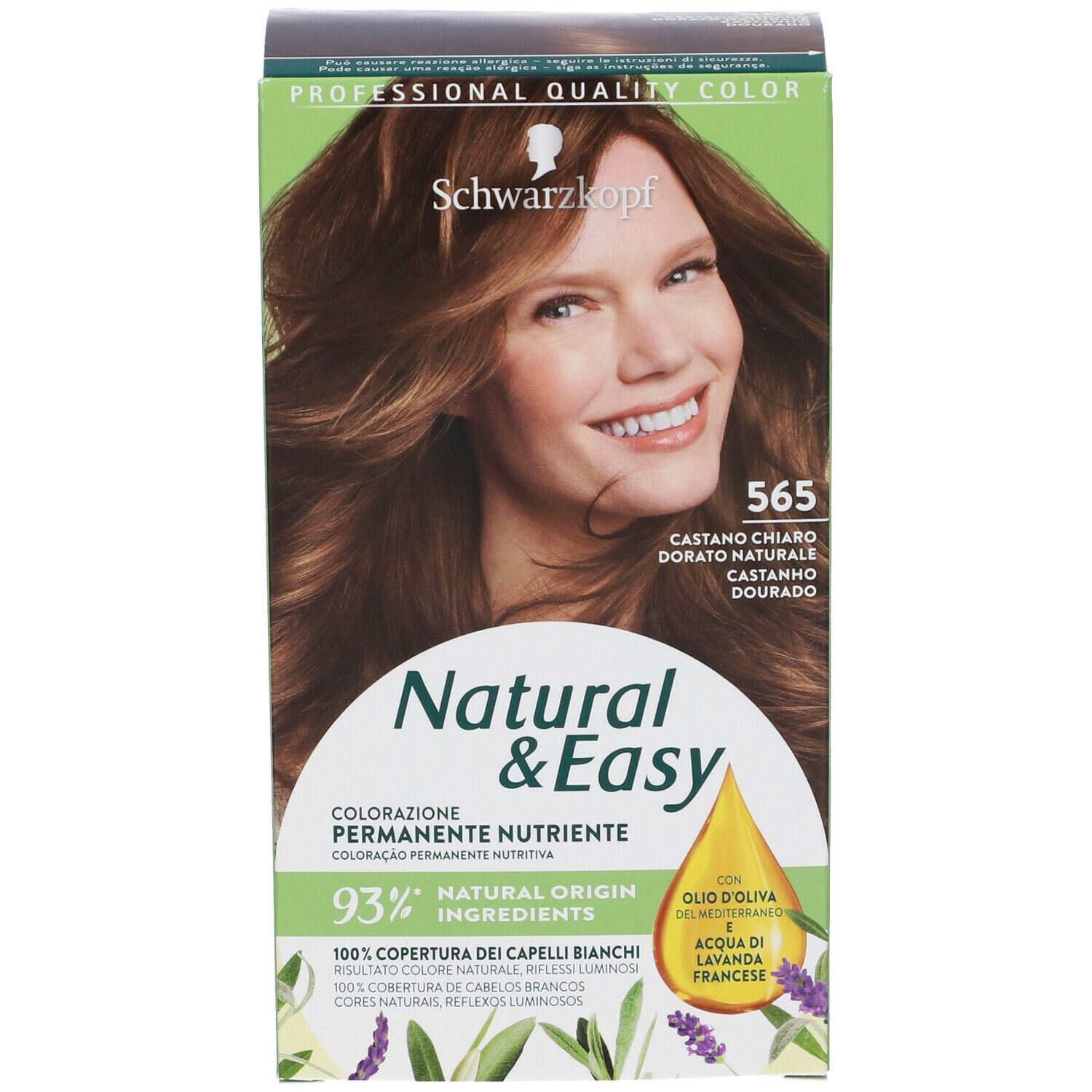 Scatola Schwarzkopf Natural & Easy Tinta 565. Donna con capelli castani. Testo: 565, Castano Chiaro Dorato Naturale, 93% ingredienti naturali.