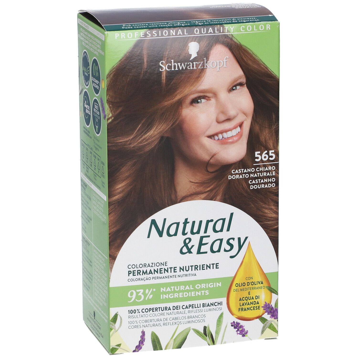 Scatola Schwarzkopf Natural & Easy Tinta 565. Donna con capelli castani. Testo: 565, Castano Chiaro Dorato Naturale, 93% ingredienti naturali.