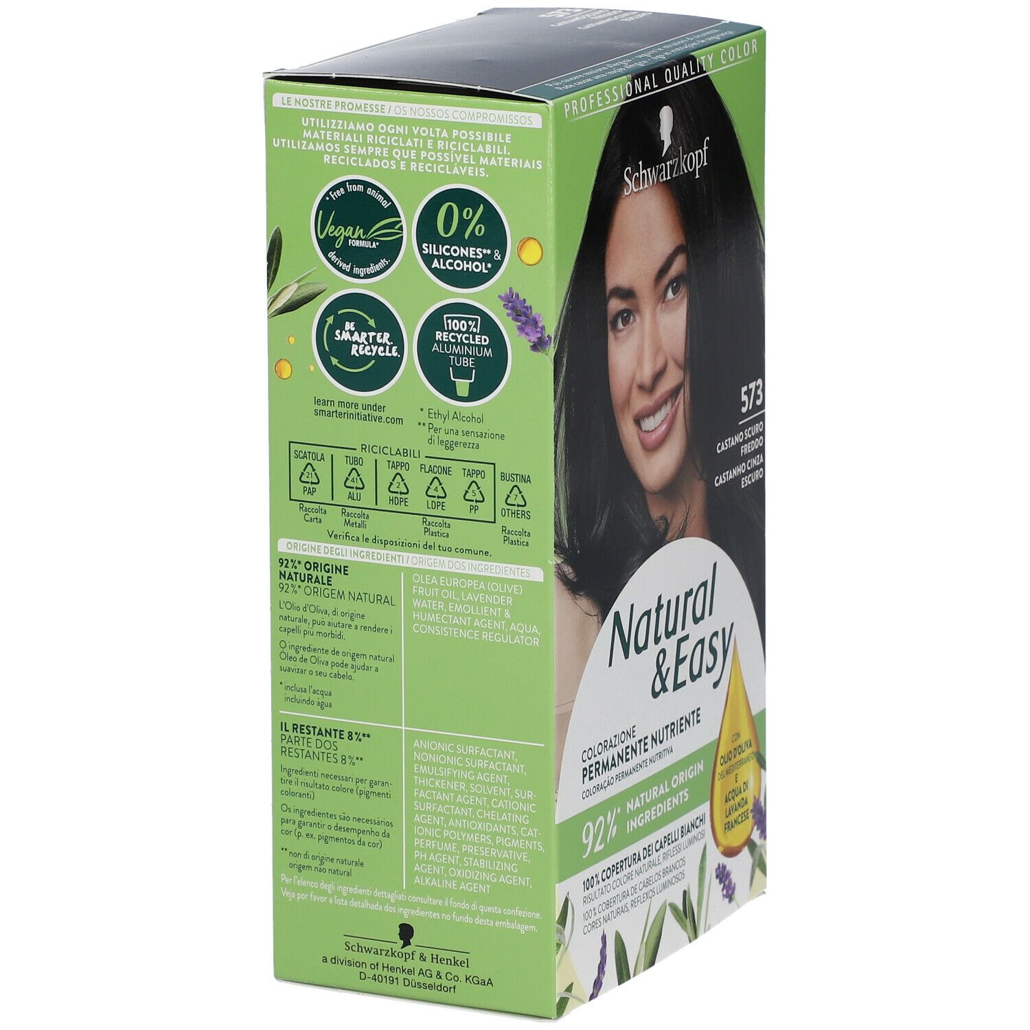 Schwarzkopf Natural & Easy Tinta 573 Castano Scuro. Confezione, retro, ingredienti, loghi, informazioni riciclo.