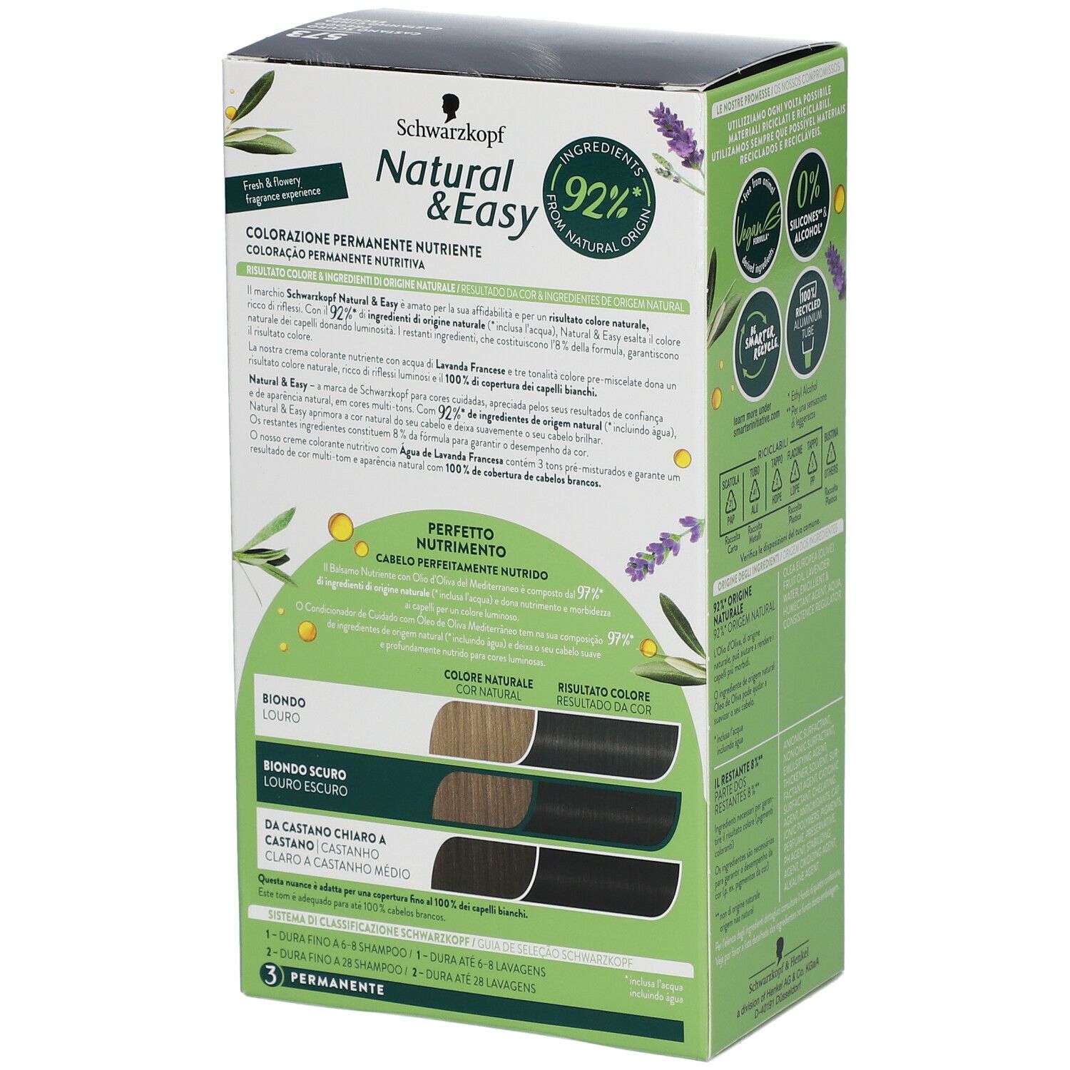 Schwarzkopf Natural & Easy Tinta 573 Castano Scuro. Confezione, retro, ingredienti, risultati colore, tabella colori.