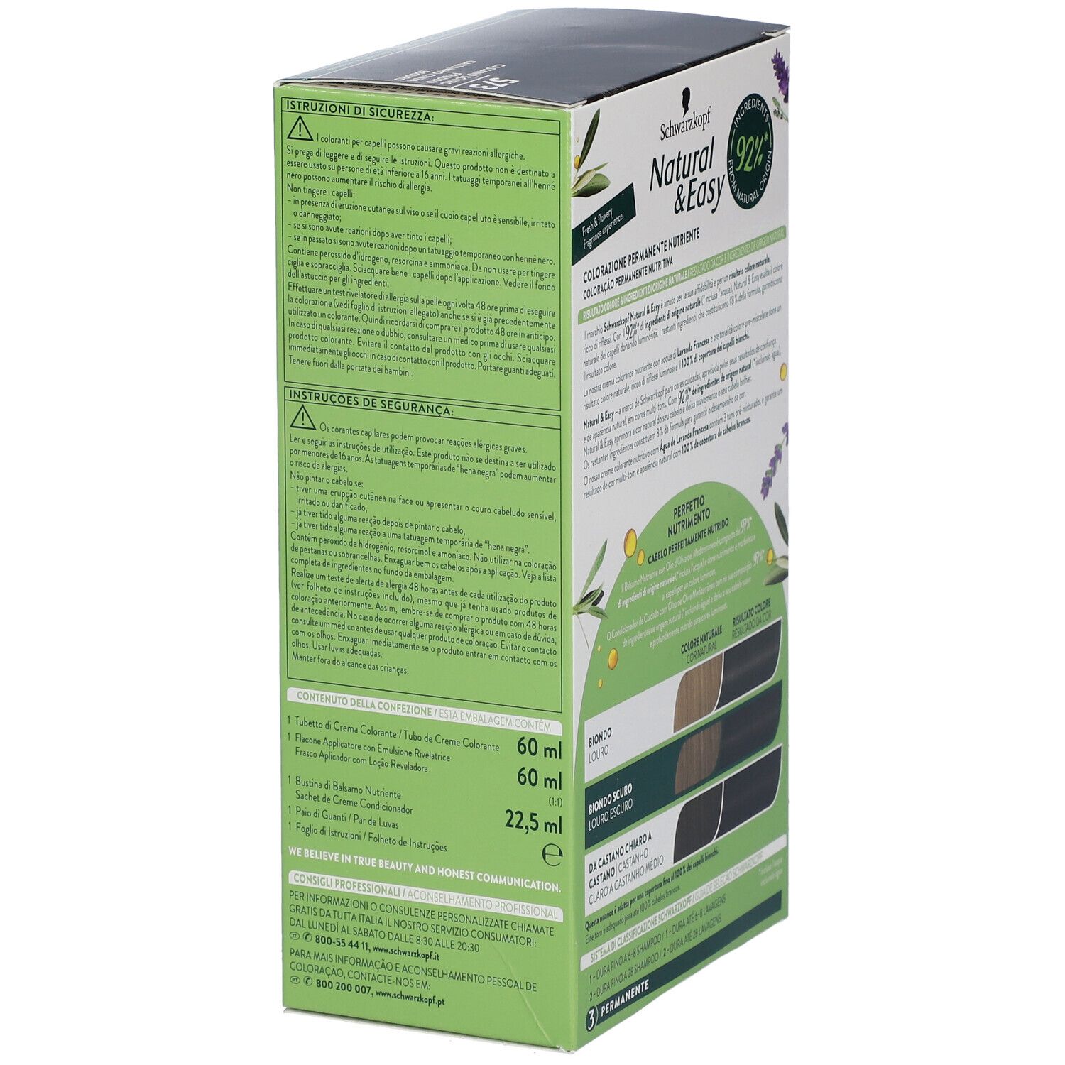 Schwarzkopf Natural & Easy Tinta 573 Castano Scuro. Confezione, retro, istruzioni, ingredienti, tabella colori.