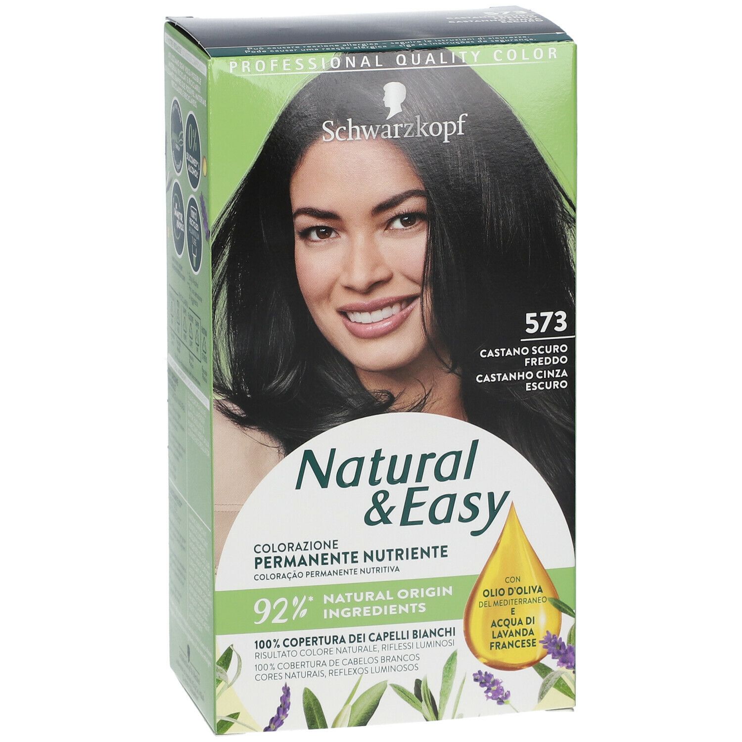 Schwarzkopf Natural & Easy Tinta 573 Castano Scuro. Confezione, donna, nome prodotto, tonalità, ingredienti, vista laterale.