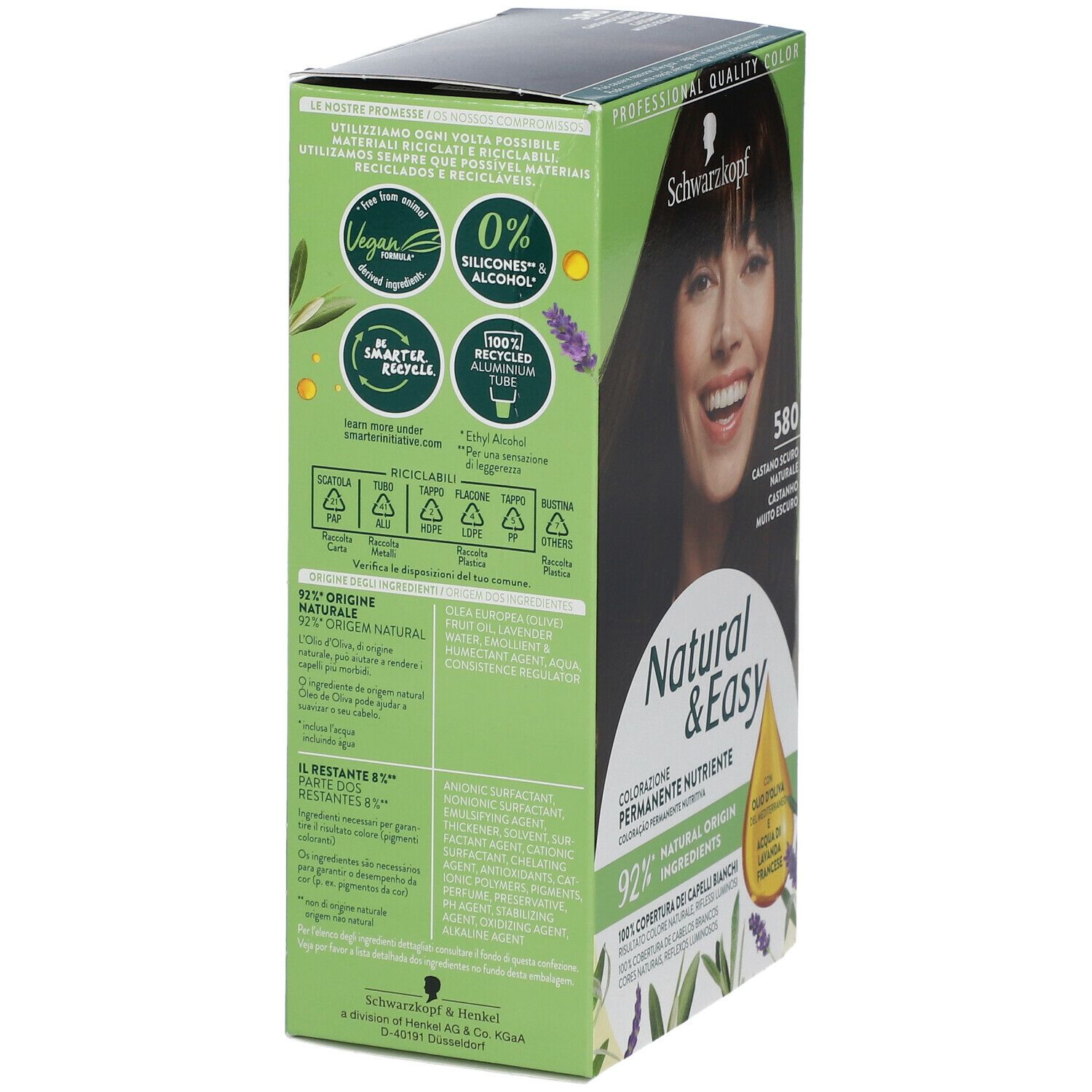 Schwarzkopf Natural & Easy Tinta 580. Confezione, vista laterale. Contiene informazioni sugli ingredienti e il riciclaggio.