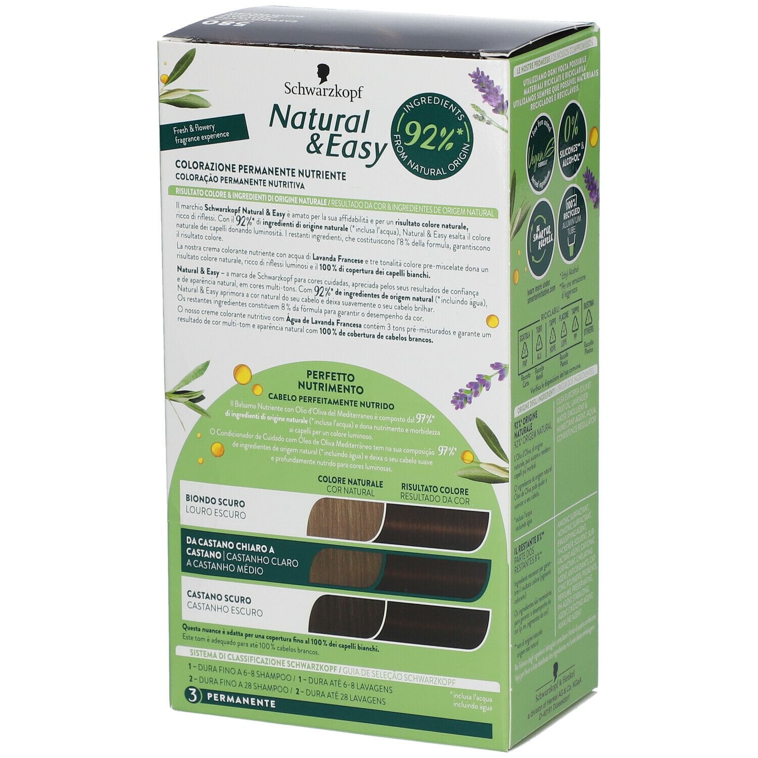 Schwarzkopf Natural & Easy Tinta 580. Confezione, retro. Contiene informazioni sui risultati del colore e sugli ingredienti.