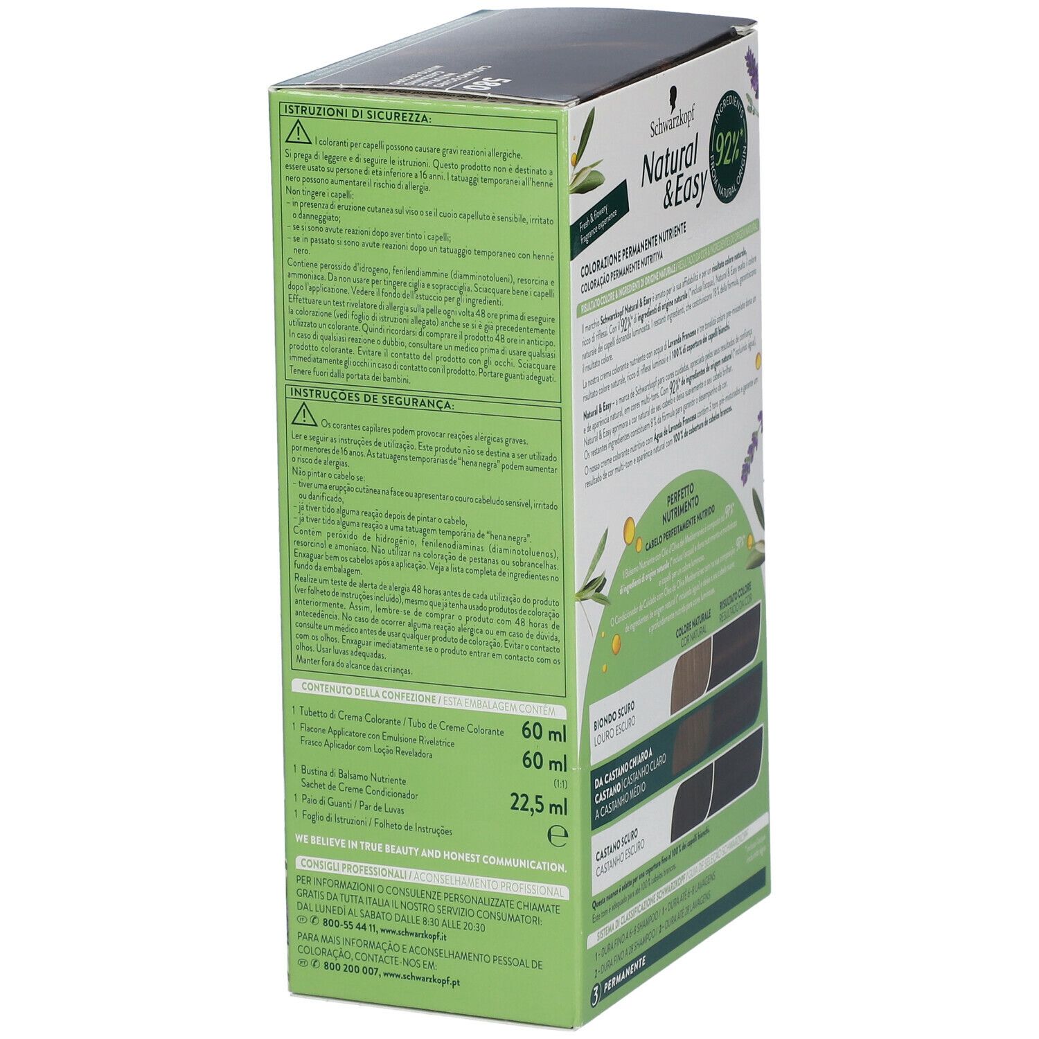 Schwarzkopf Natural & Easy Tinta 580. Confezione, vista laterale. Contiene informazioni sugli ingredienti e l'uso.