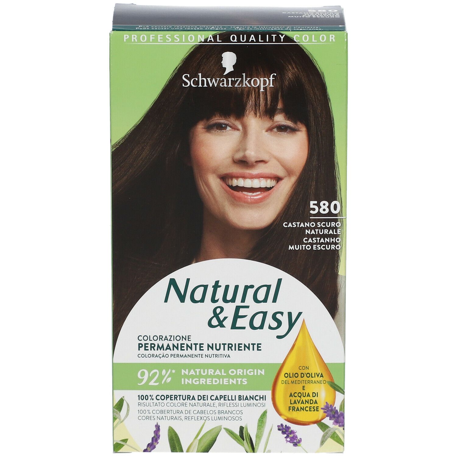 Schwarzkopf Natural & Easy Tinta 580. Confezione con donna dai capelli castani. Contiene il 92% di ingredienti di origine naturale.