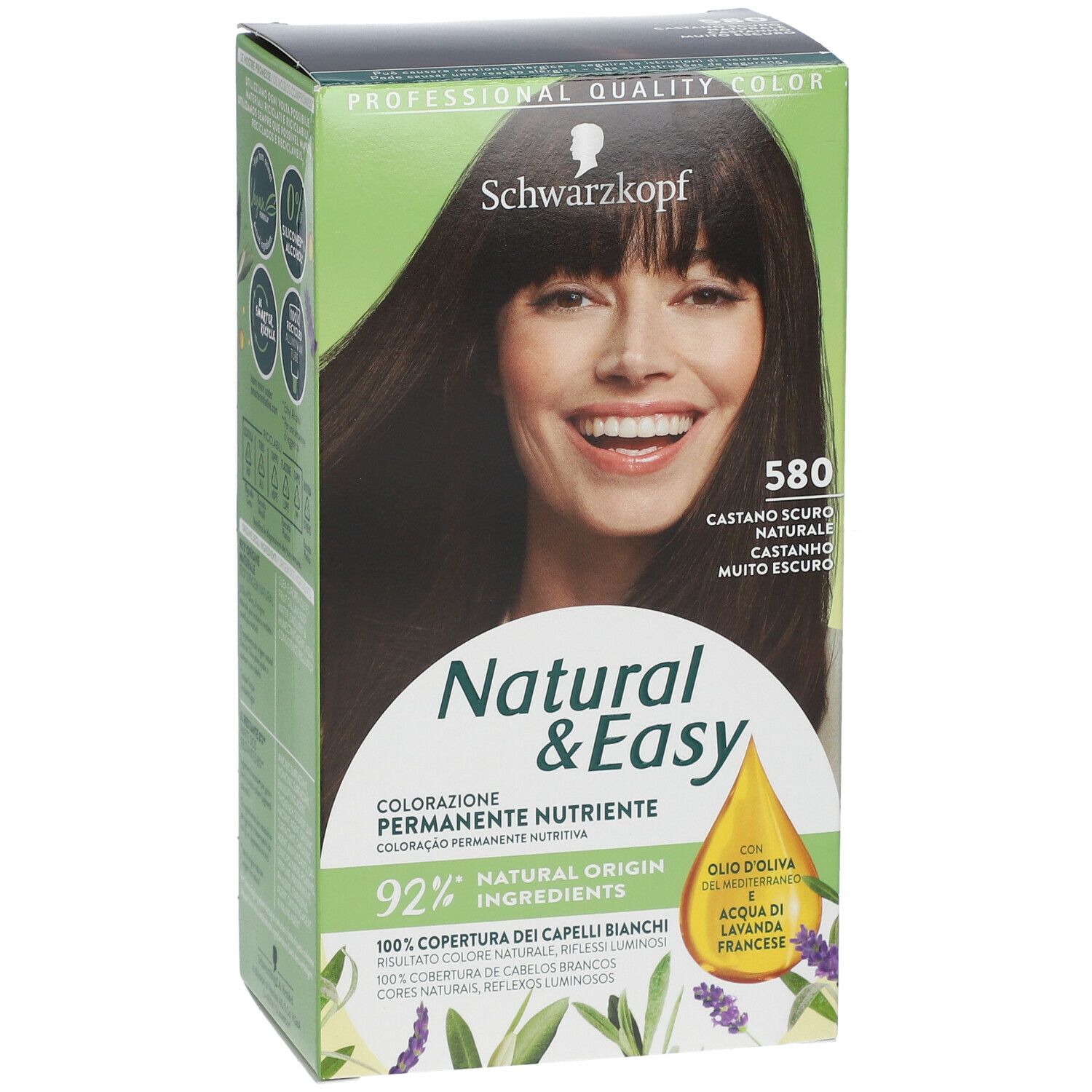 Schwarzkopf Natural & Easy Tinta 580. Confezione con donna dai capelli castani. Contiene il 92% di ingredienti di origine naturale.
