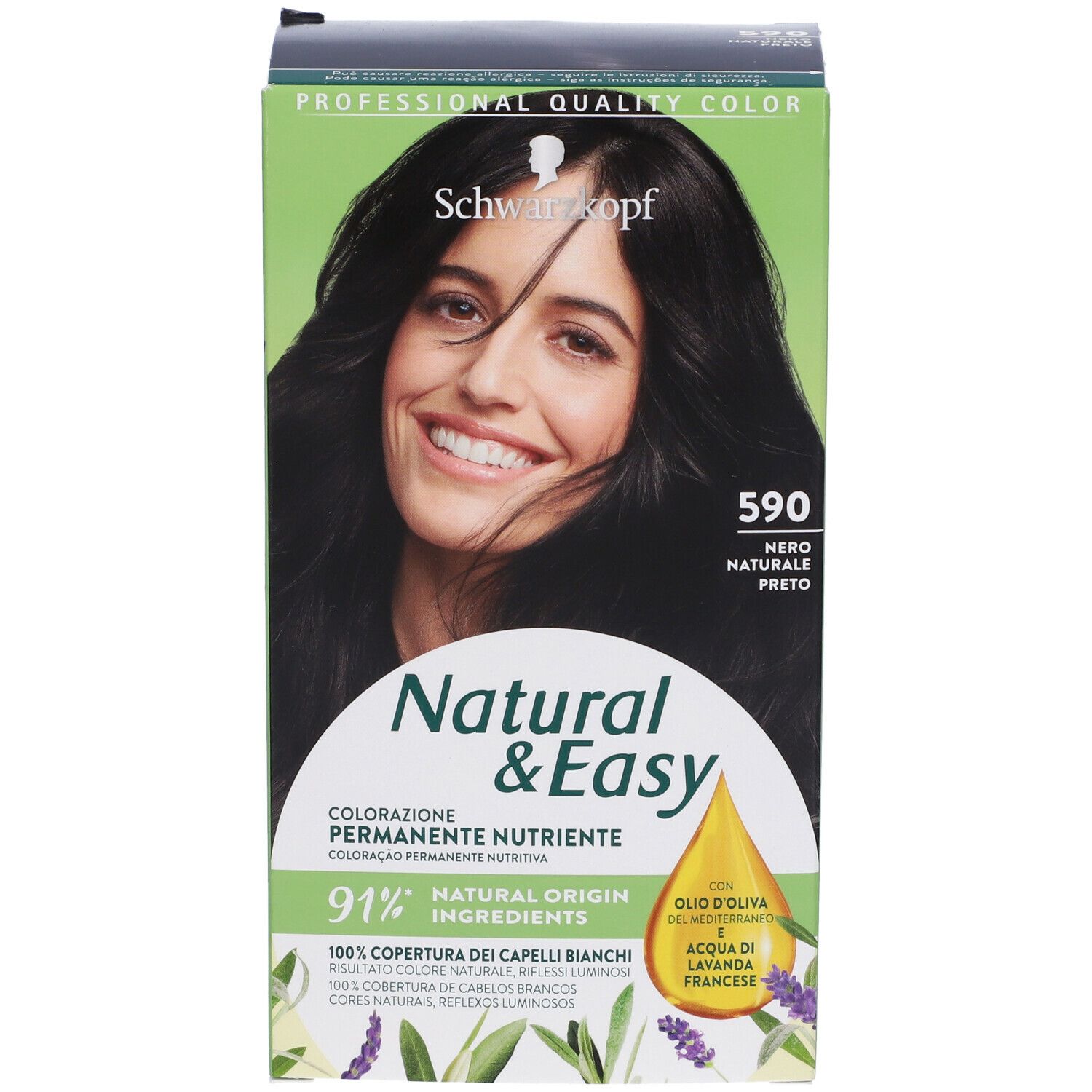 Confezione di tinta per capelli Schwarzkopf Natural & Easy 590 Nero. Fronte. Donna con capelli neri. Verde, bianco, giallo.