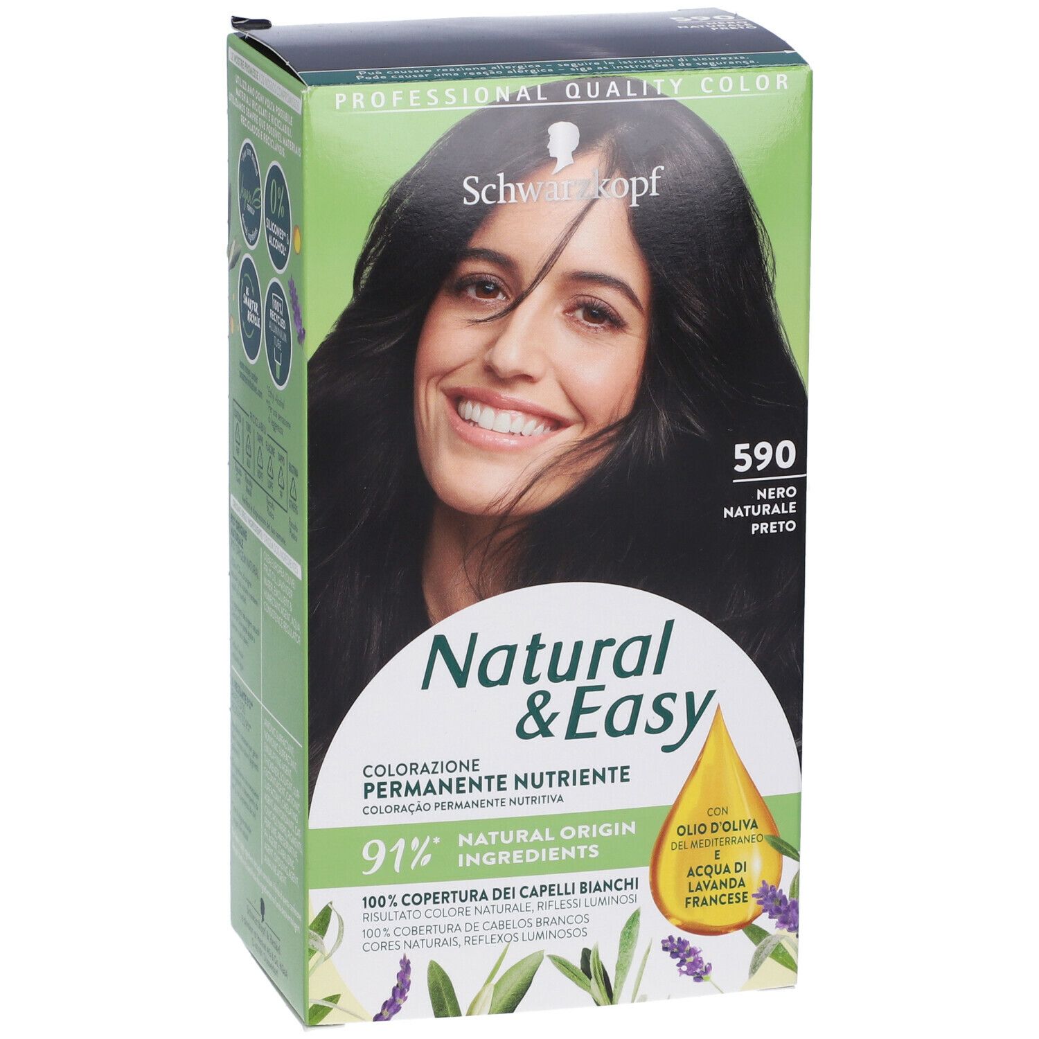 Confezione di tinta per capelli Schwarzkopf Natural & Easy 590 Nero. Fronte. Donna con capelli neri. Verde, bianco, giallo.