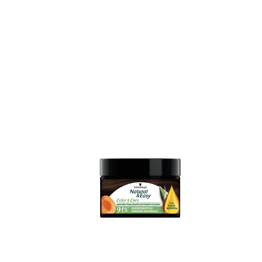 Schwarzkopf Natural & Easy Maschera Tonalizzante, castano scuro. Vasetto nero con immagine del prodotto e testo.