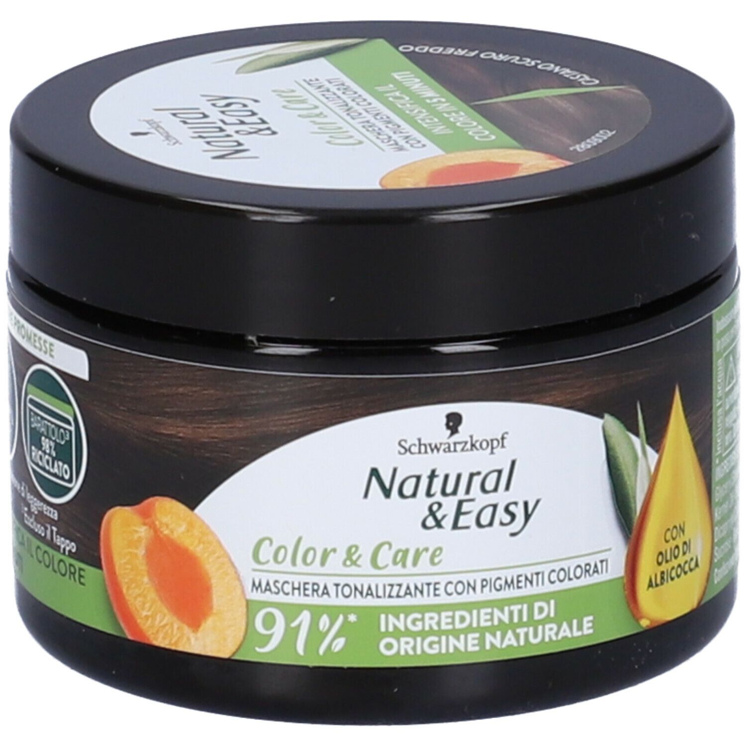 Schwarzkopf Natural & Easy Maschera Tonalizzante, castano scuro. Vasetto nero con immagine del prodotto e testo.