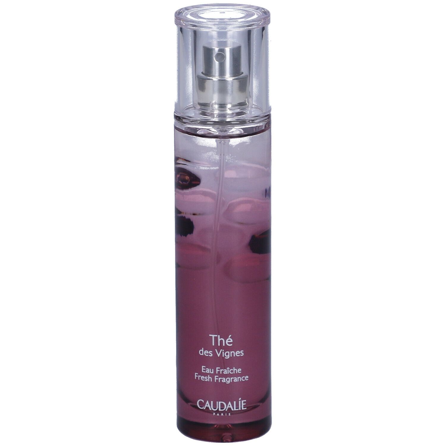 Flacone cilindrico con vaporizzatore. Scritte: Thé des Vignes, Eau Fraîche, Caudalie. Sfumatura da trasparente a viola.