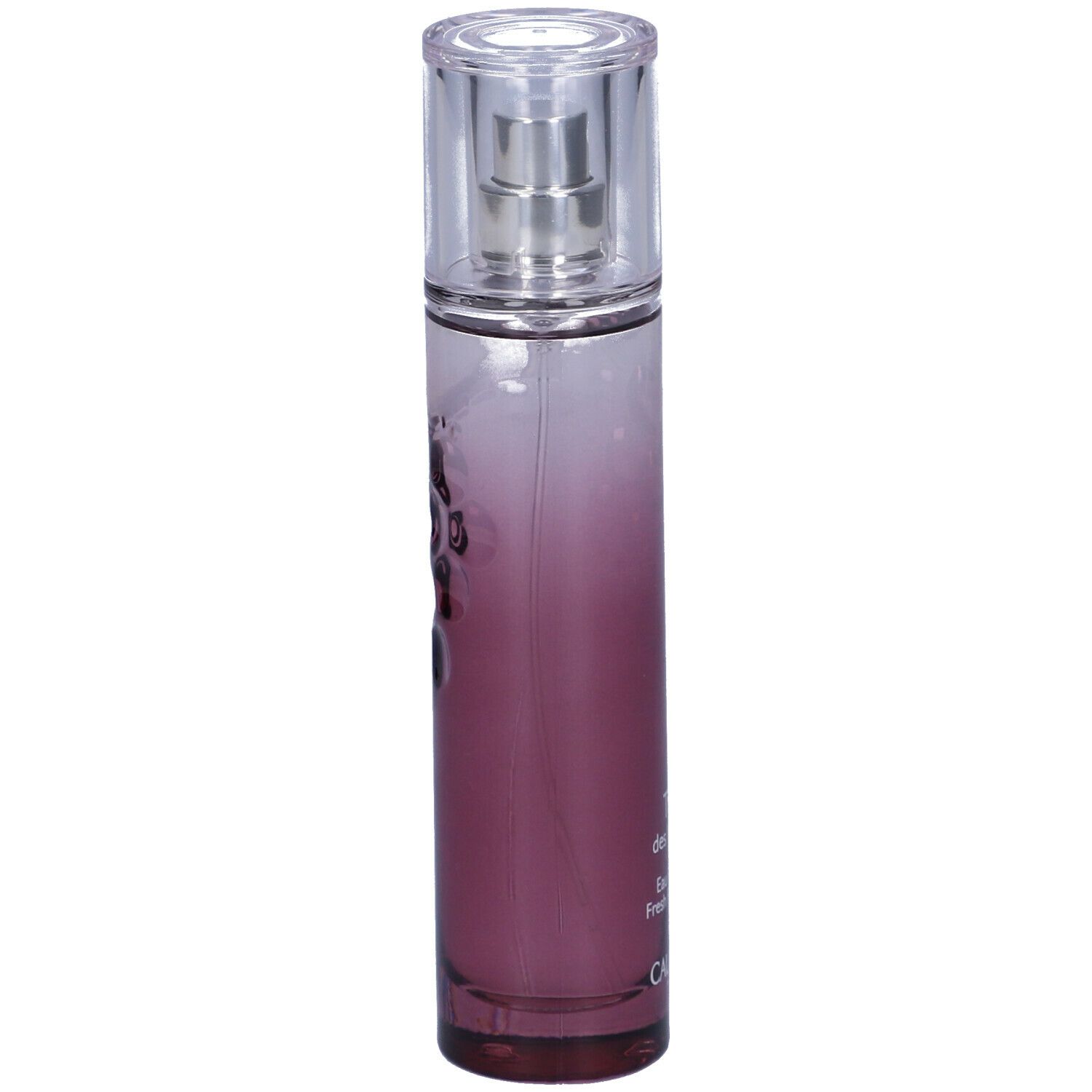 Flacone cilindrico con vaporizzatore. Sfumatura da trasparente a viola. Scritta Caudalie.